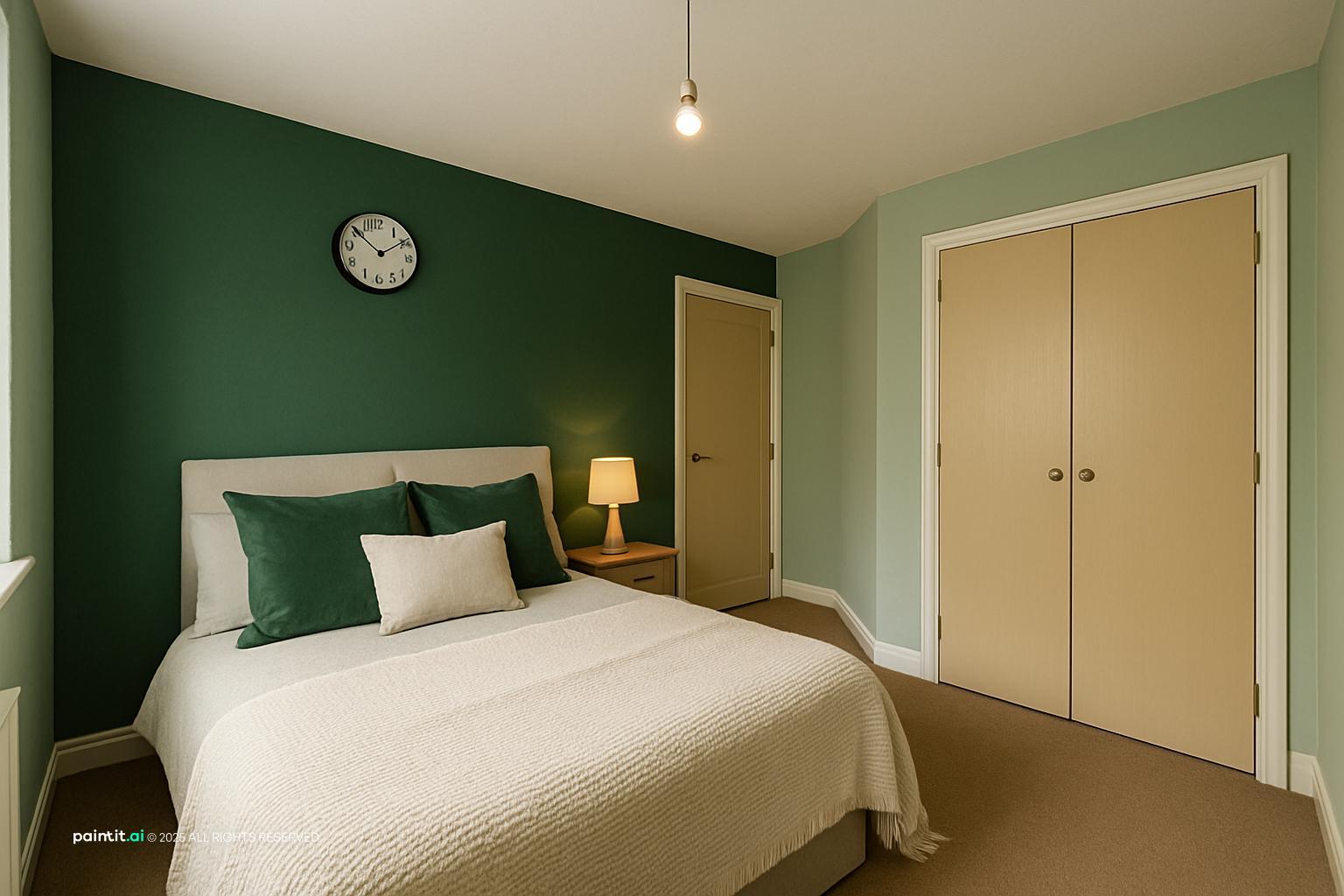 Small bedroom with one deep green wall, lighter sage walls, white bedding and a wall clock