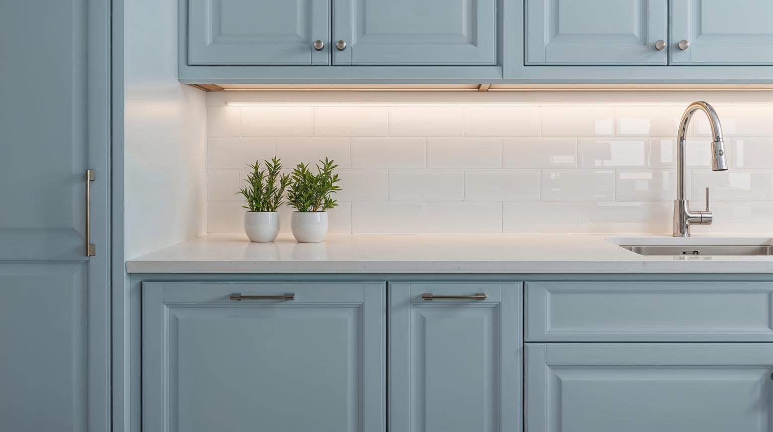 Soft Blue with White Backsplash