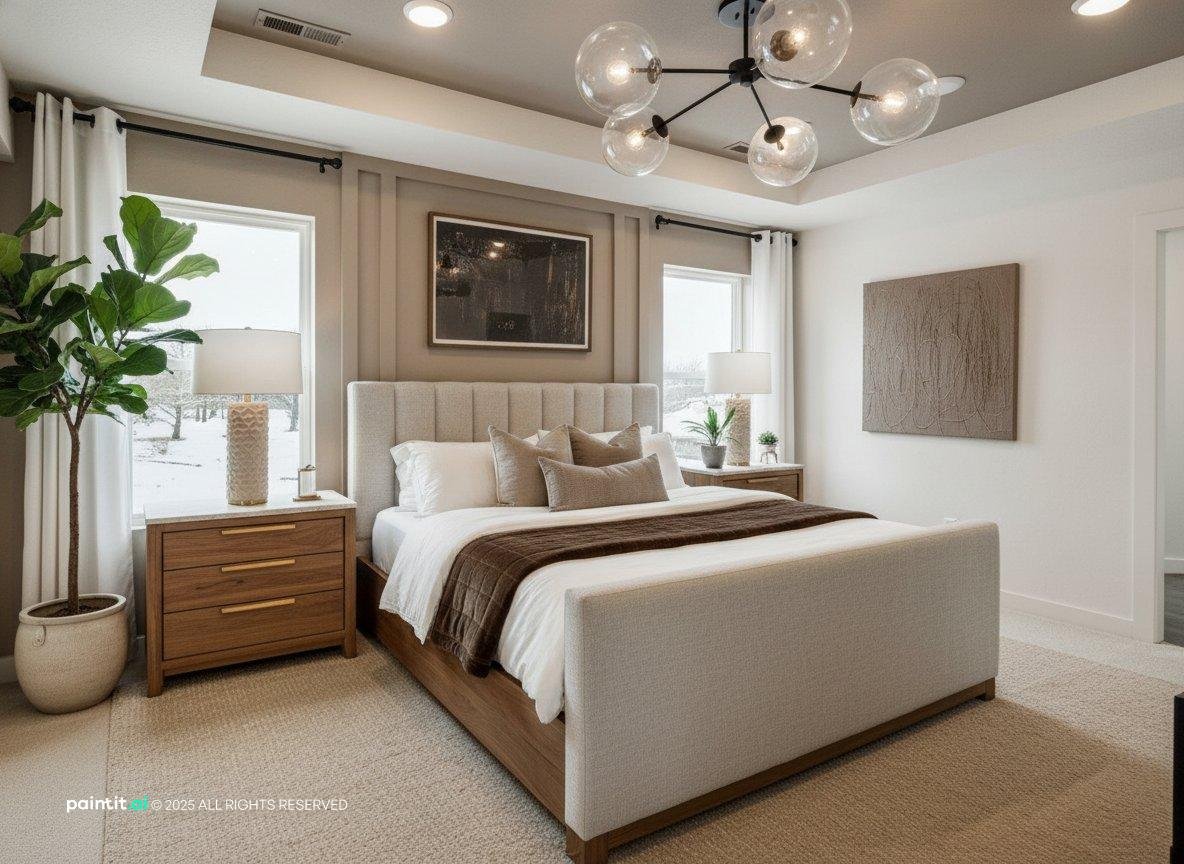 Hotel bedroom with creamy limewash walls, oak panelling behind a walnut bed, a modern chandelier and a plant