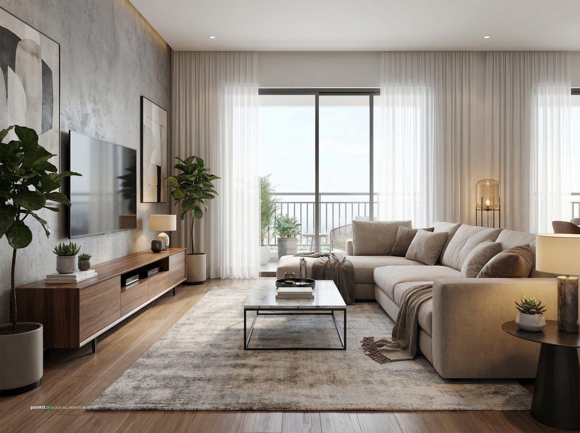 Living room with a weathered wood accent wall, a grey sectional and sheer curtains