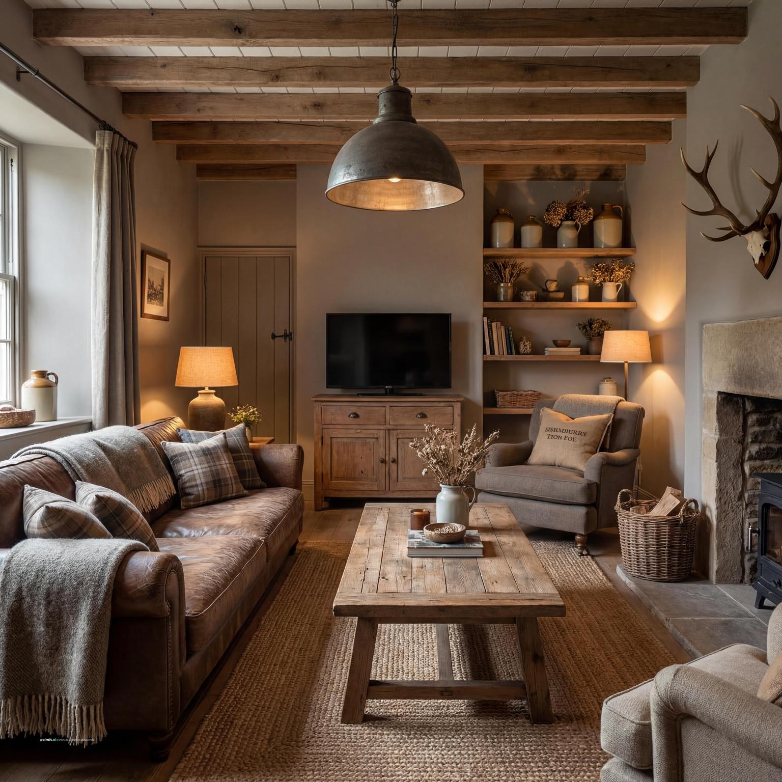 Cozy rustic dark cottagecore living room design for narrow spaces, maximizing charm with natural elements and intimate, comforting details.