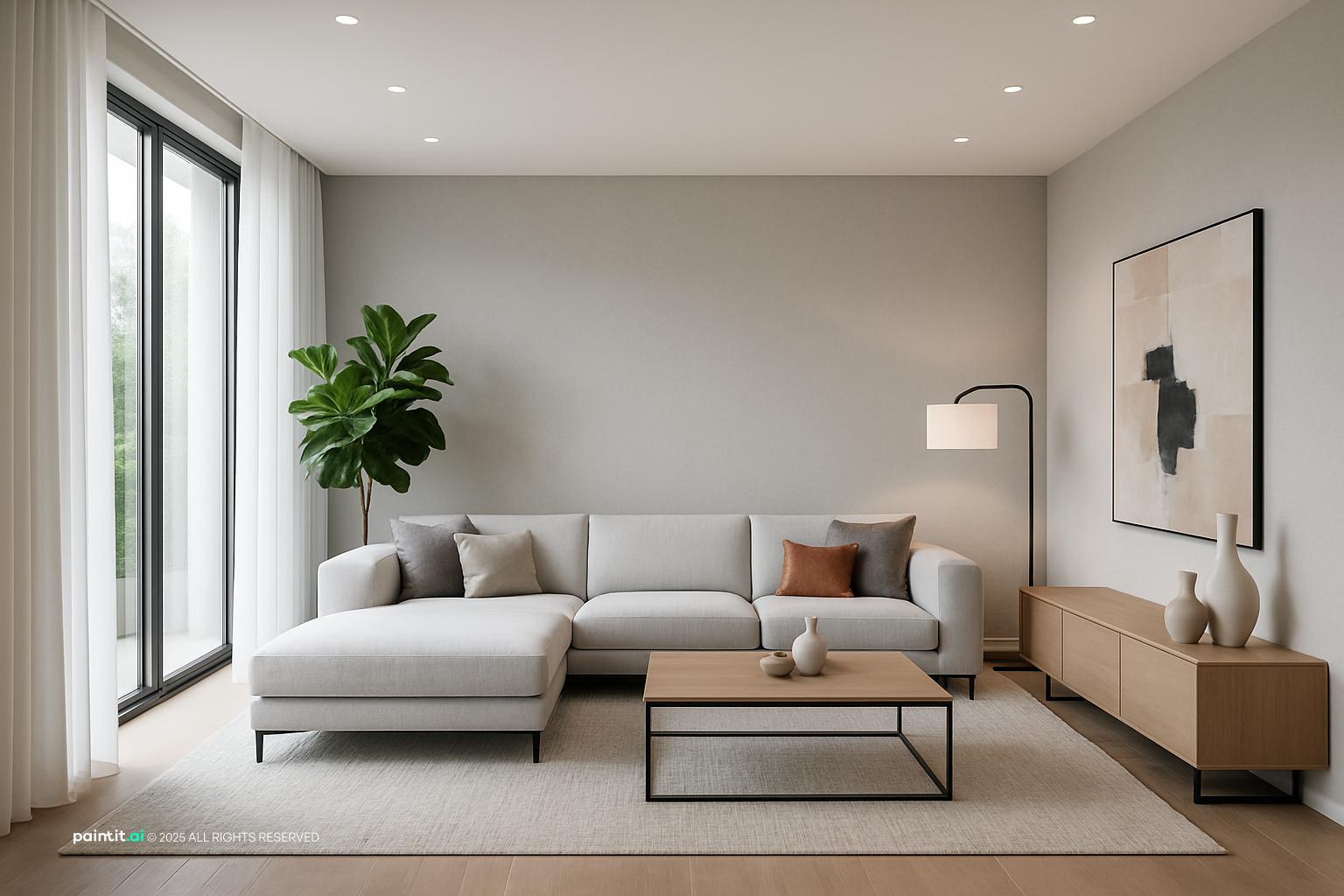 Modern living room with a light gray sectional, a black coffee table, a floor lamp and a large abstract print