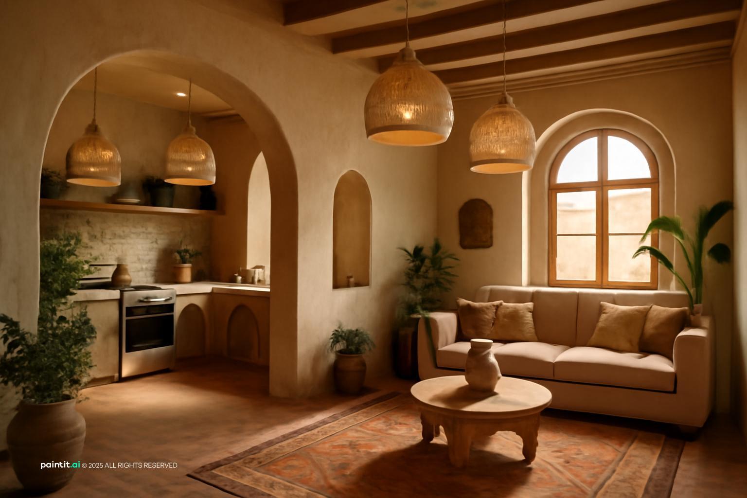 Moorish-style kitchen and living room with arched openings, lanterns, rattan pendants and a low table