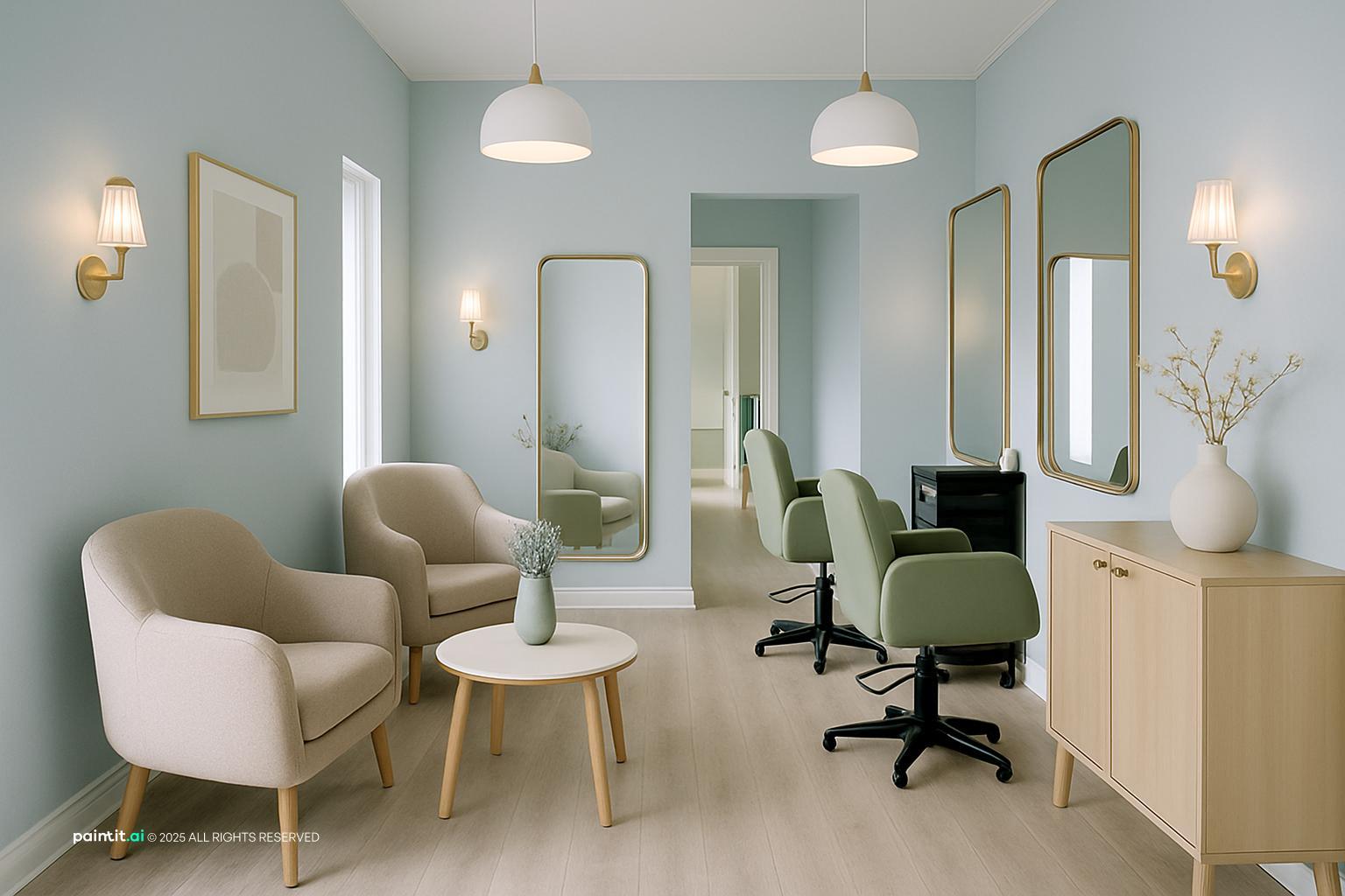 Beauty salon with pale blue walls, sage styling chairs, tall mirrors and two armchairs in the waiting area