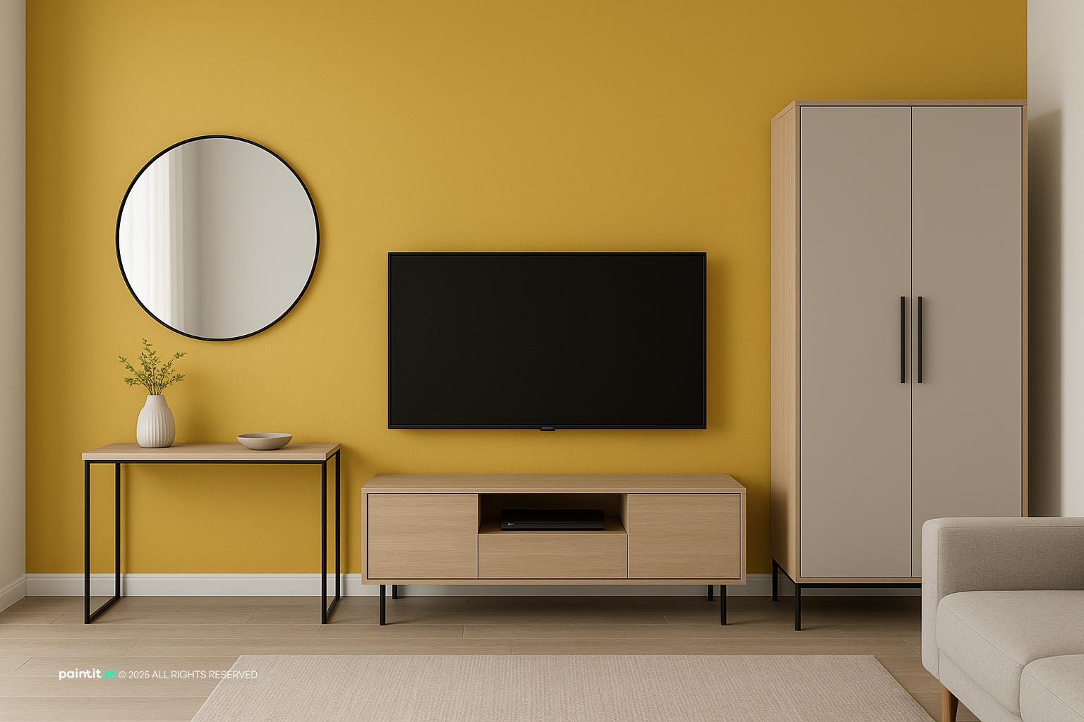 Modern living room corner with a warm yellow wall, a round mirror, a slim console and a TV