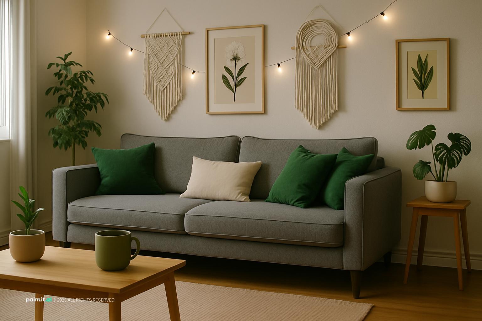 Grey sofa with dark green cushions, a macramé wall hanging, string lights and potted plants