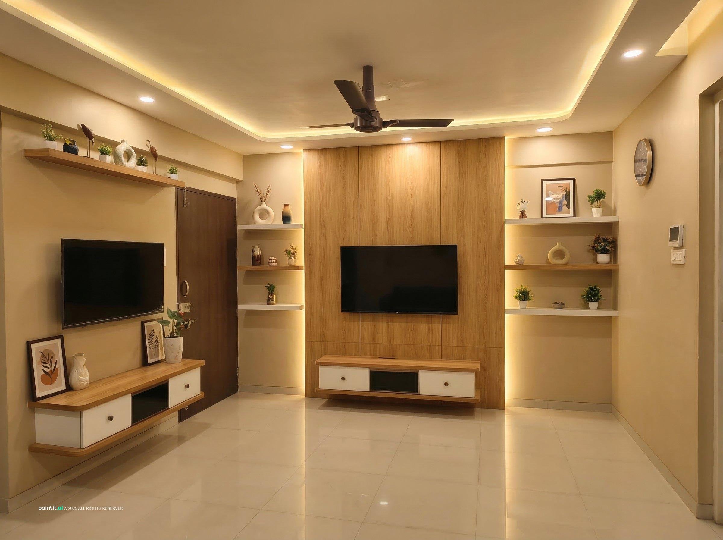 Living room with a wood-clad TV wall, lit open shelves and a ceiling fan