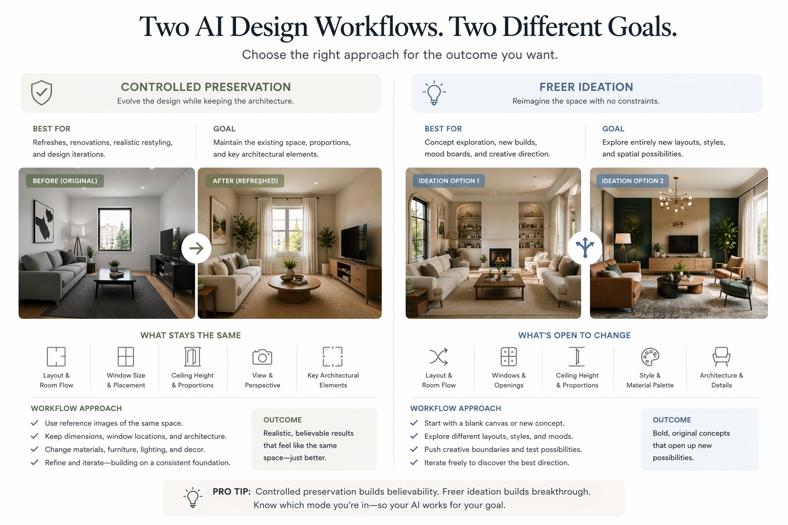 Comparison showing when to preserve layout strongly and when to allow more design freedom in Paintit.ai