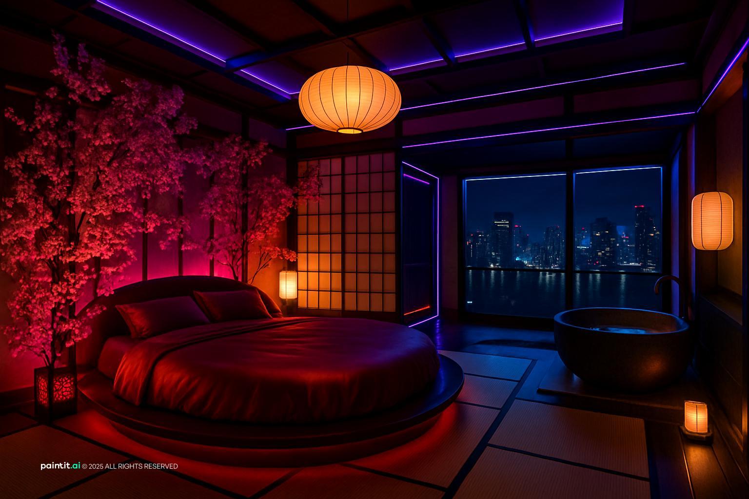 Themed hotel suite with a round bed, paper lanterns, shoji screens, cherry blossom walls and coloured lighting