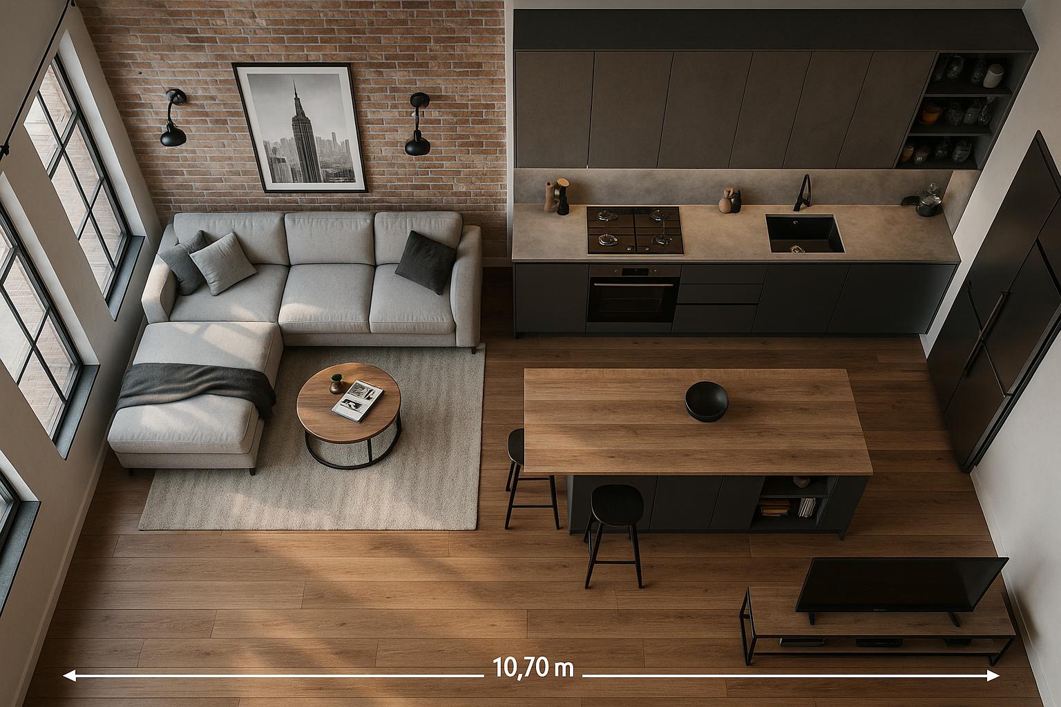 Loft Living Room Design with floor to ceiling windows and a calm living room atmosphere.