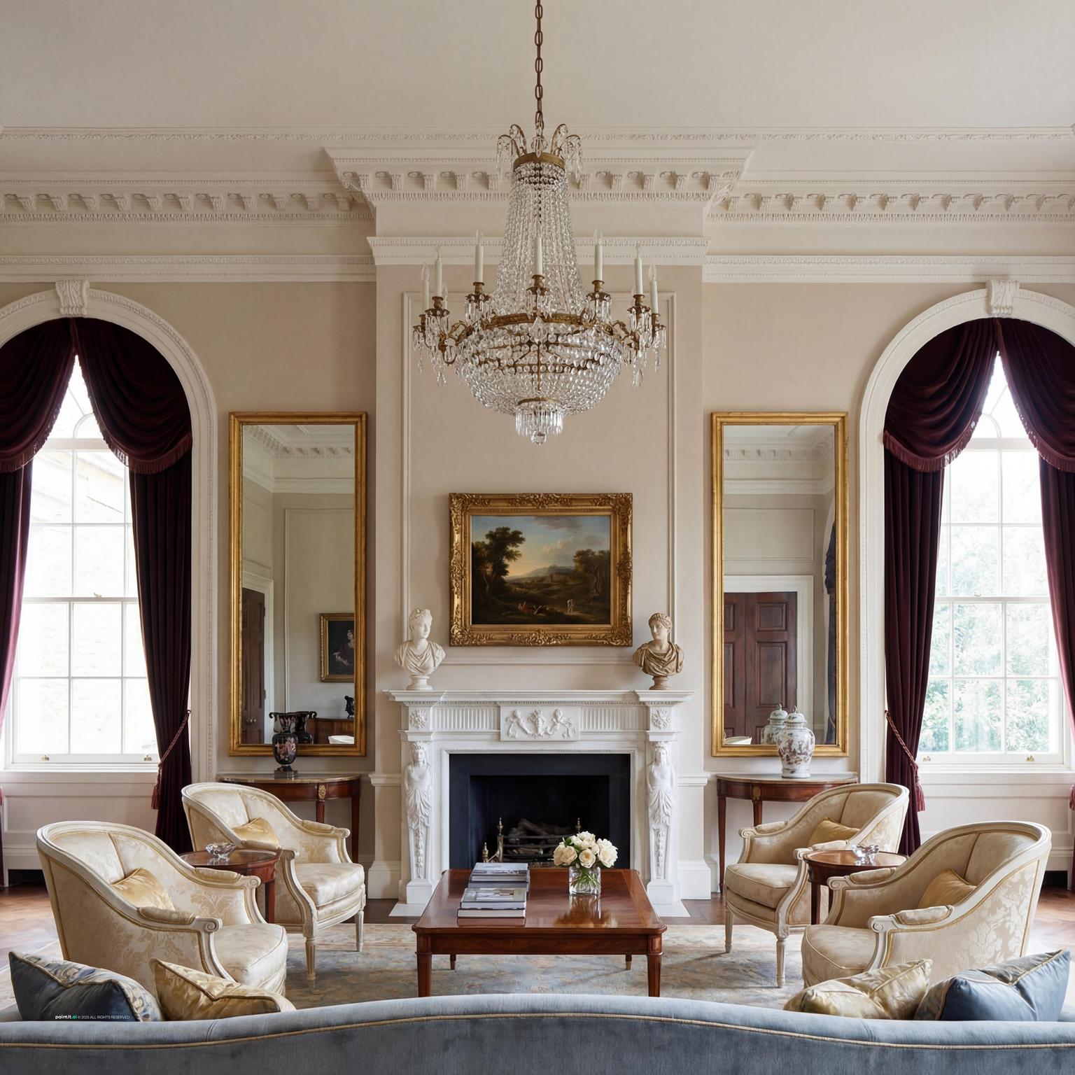 Elegant Neoclassic Living Room Design with windows and a calm living room atmosphere.