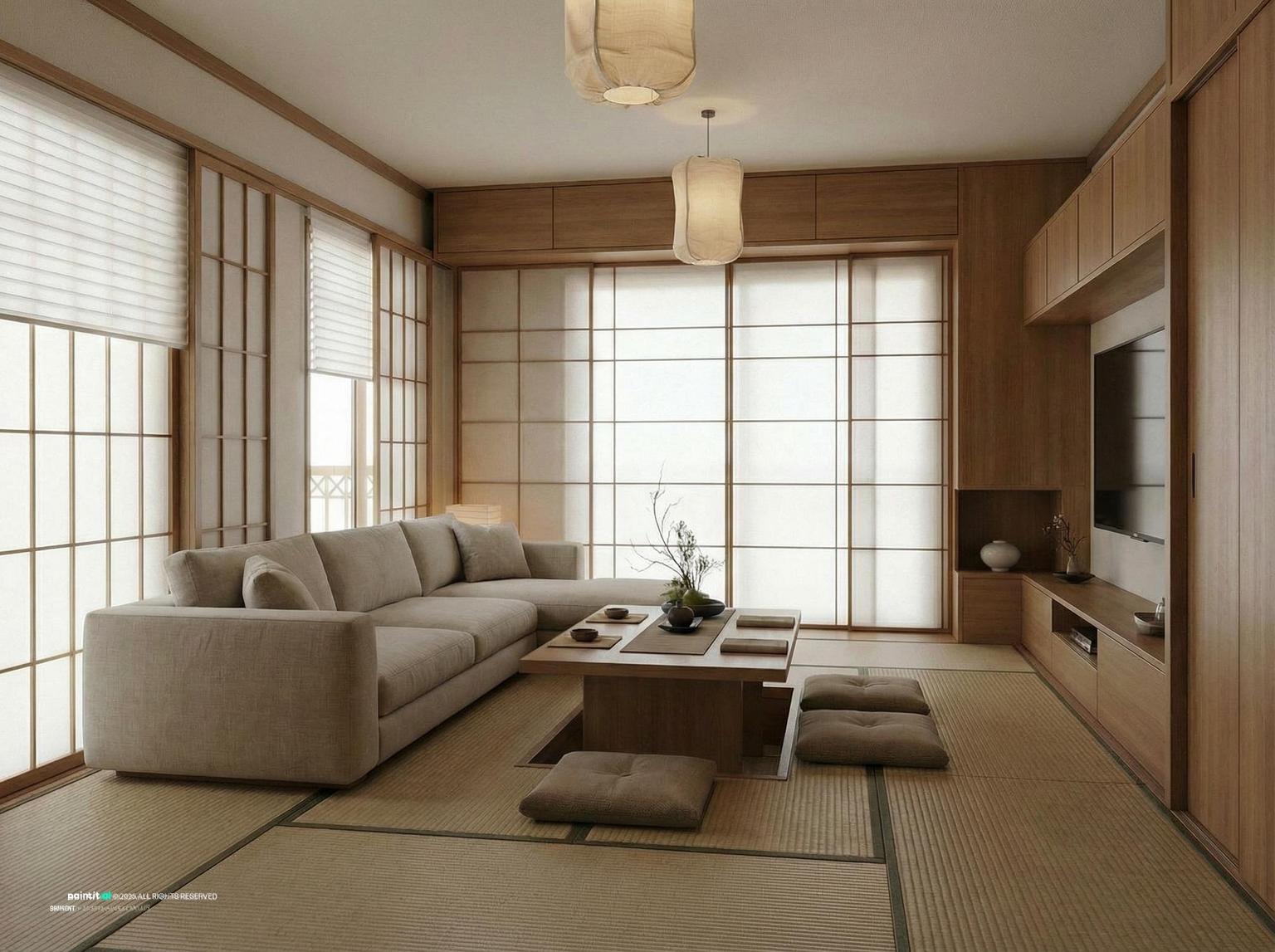 Japanese-style living room with shoji screens, a low sofa, a low table and paper lanterns
