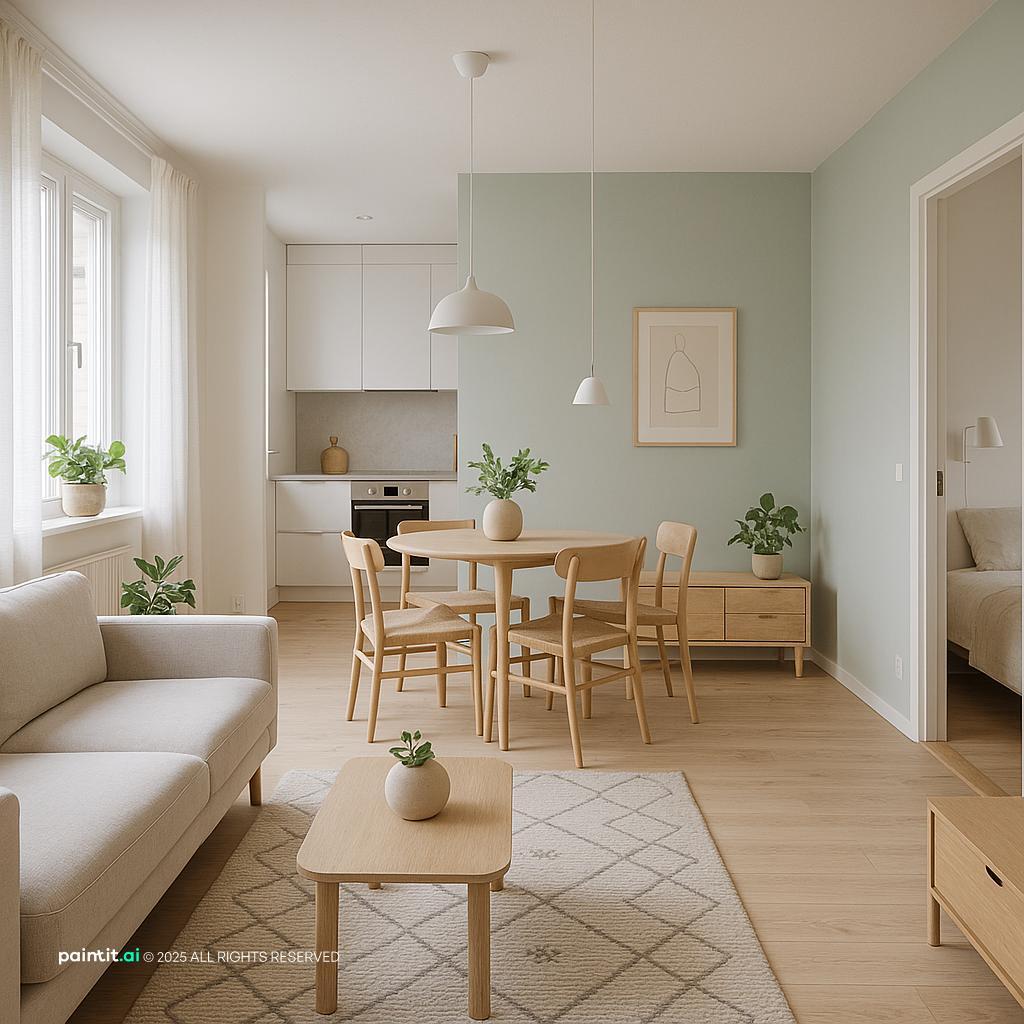 Scandinavian Style Apartment Design with natural textures and a calm living room atmosphere.