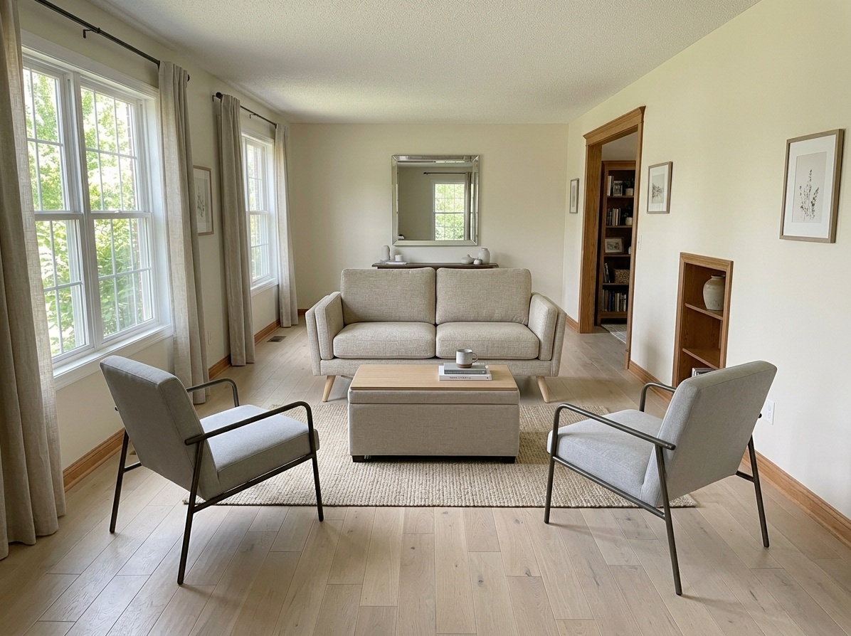 Small living room with slim-profile sofa, exposed-leg armchairs, storage ottoman, and large mirror maximizing space and light