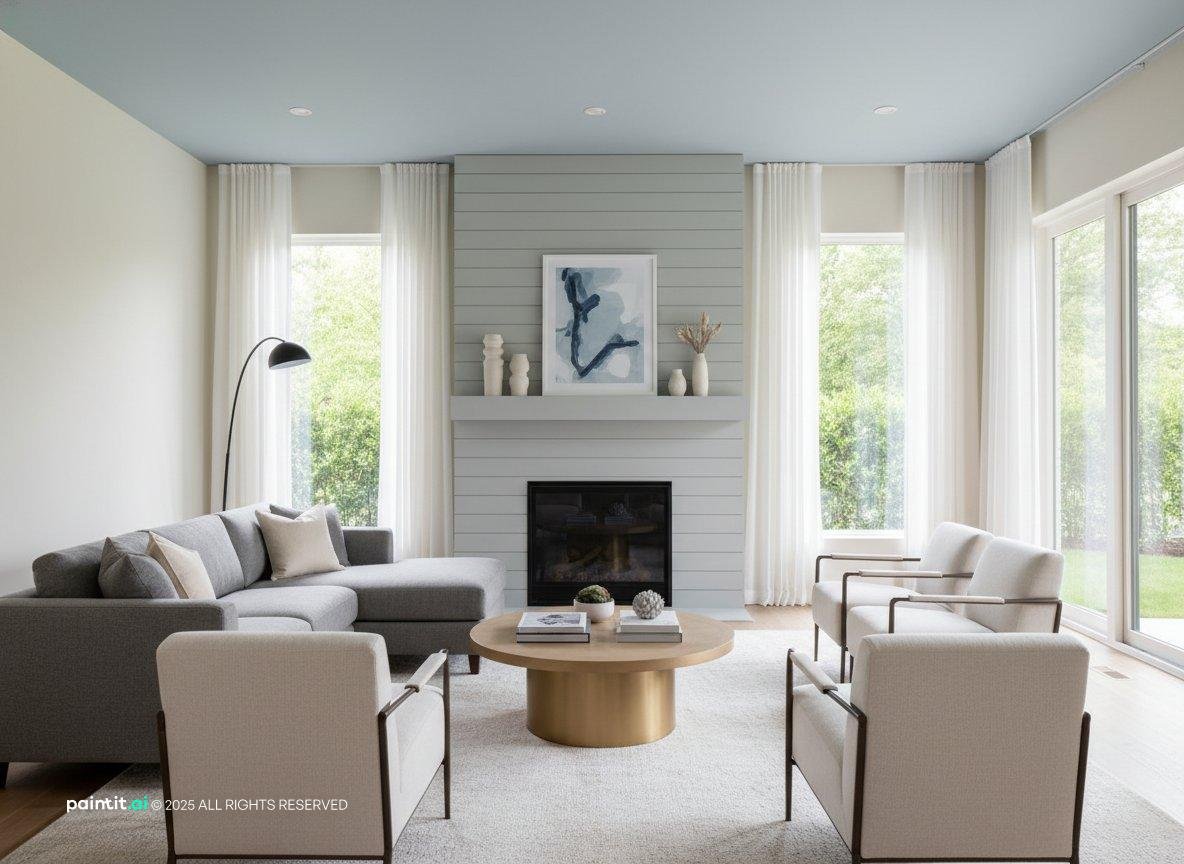 Modern living room with a white shiplap fireplace wall, gray sofas and large windows