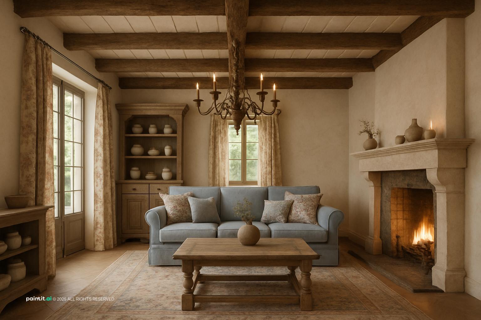 French country living room with wood beams, a blue sofa, a stone fireplace, a chandelier and a rustic coffee table