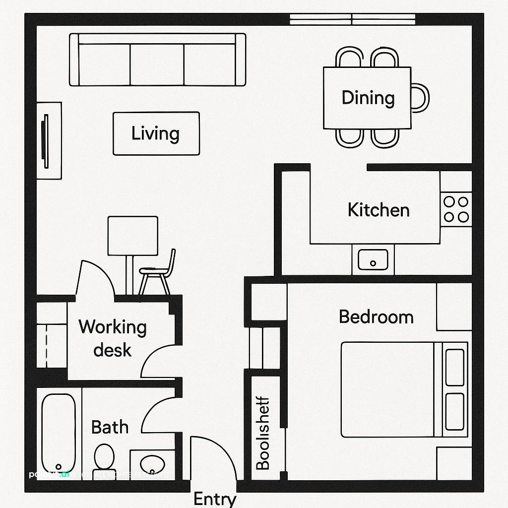 Stylish interior floor plan with strategic furniture layout, demonstrating effective zoning for long living room ideas and optimal flow.