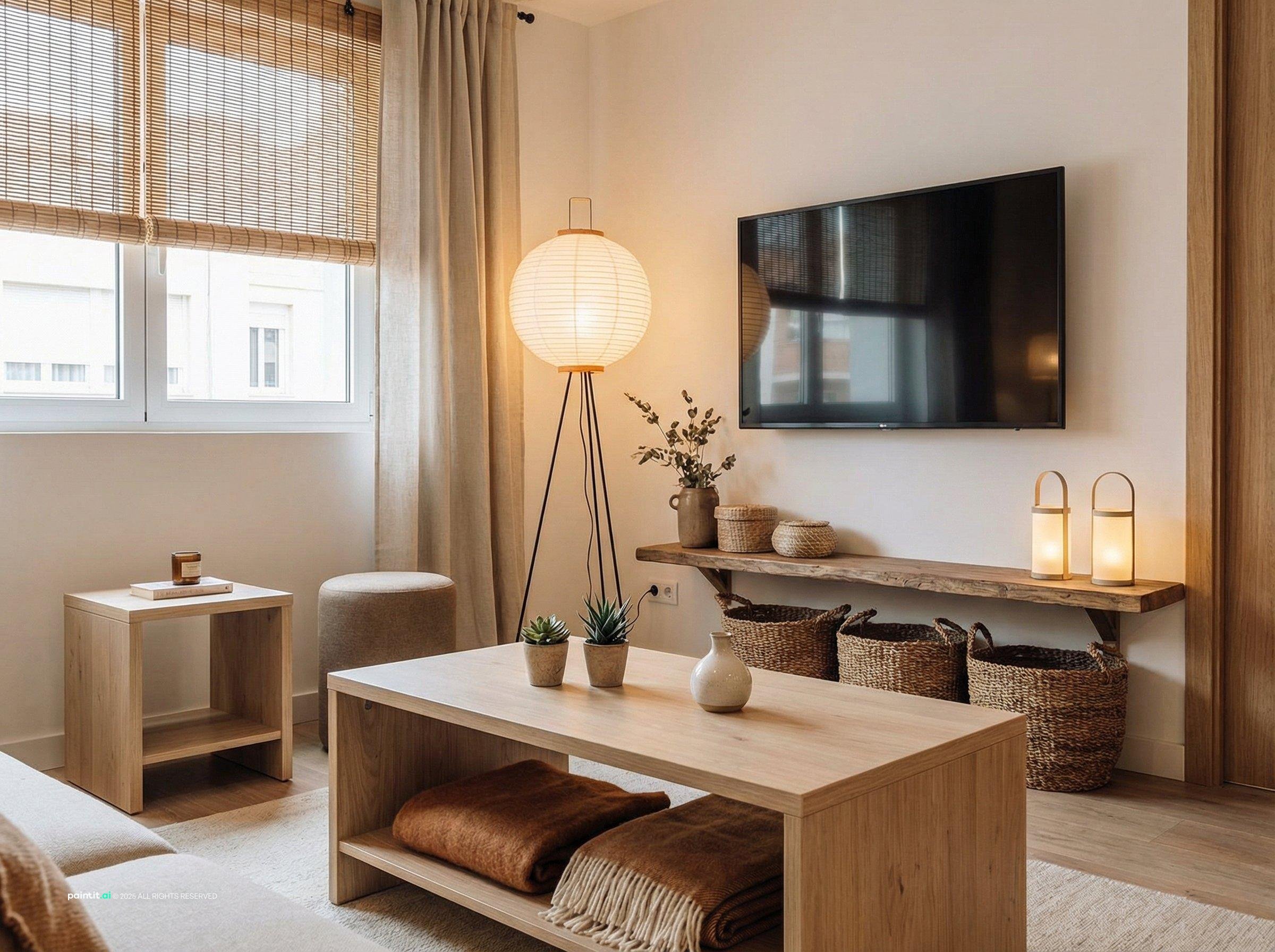 Living room with a paper floor lamp giving warm light, a wooden coffee table and a TV console