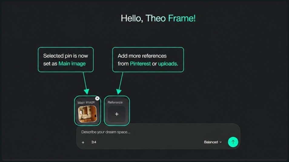 Paintit.ai chat composer showing a selected Pinterest pin set as the main image for an AI room design prompt.