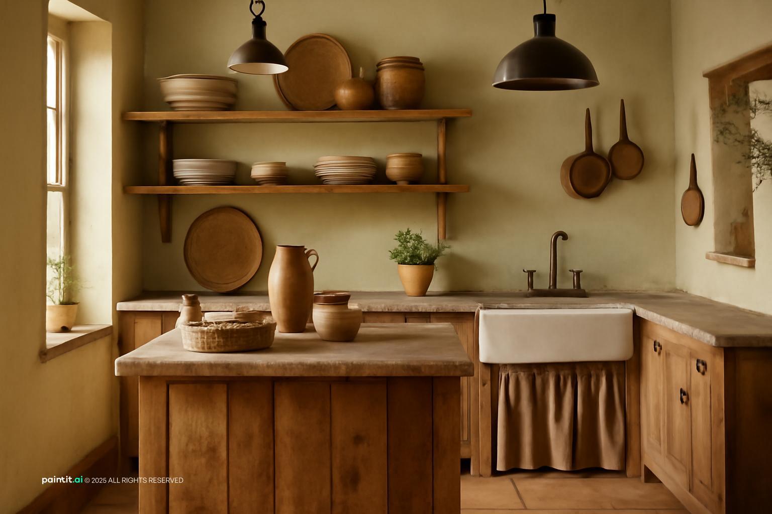 Farmhouse kitchen with a reclaimed wood island, a skirted farmhouse sink, open shelves with pottery and copper pans