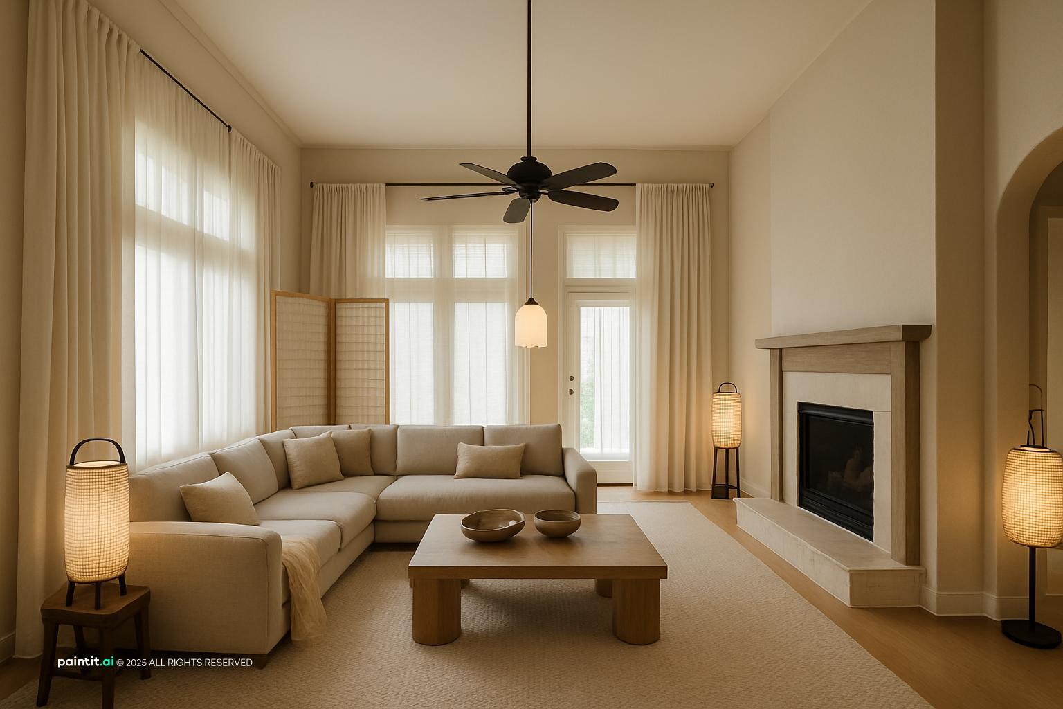 Japandi living room with a fireplace, a linen sectional, a paper floor lamp and a wool rug