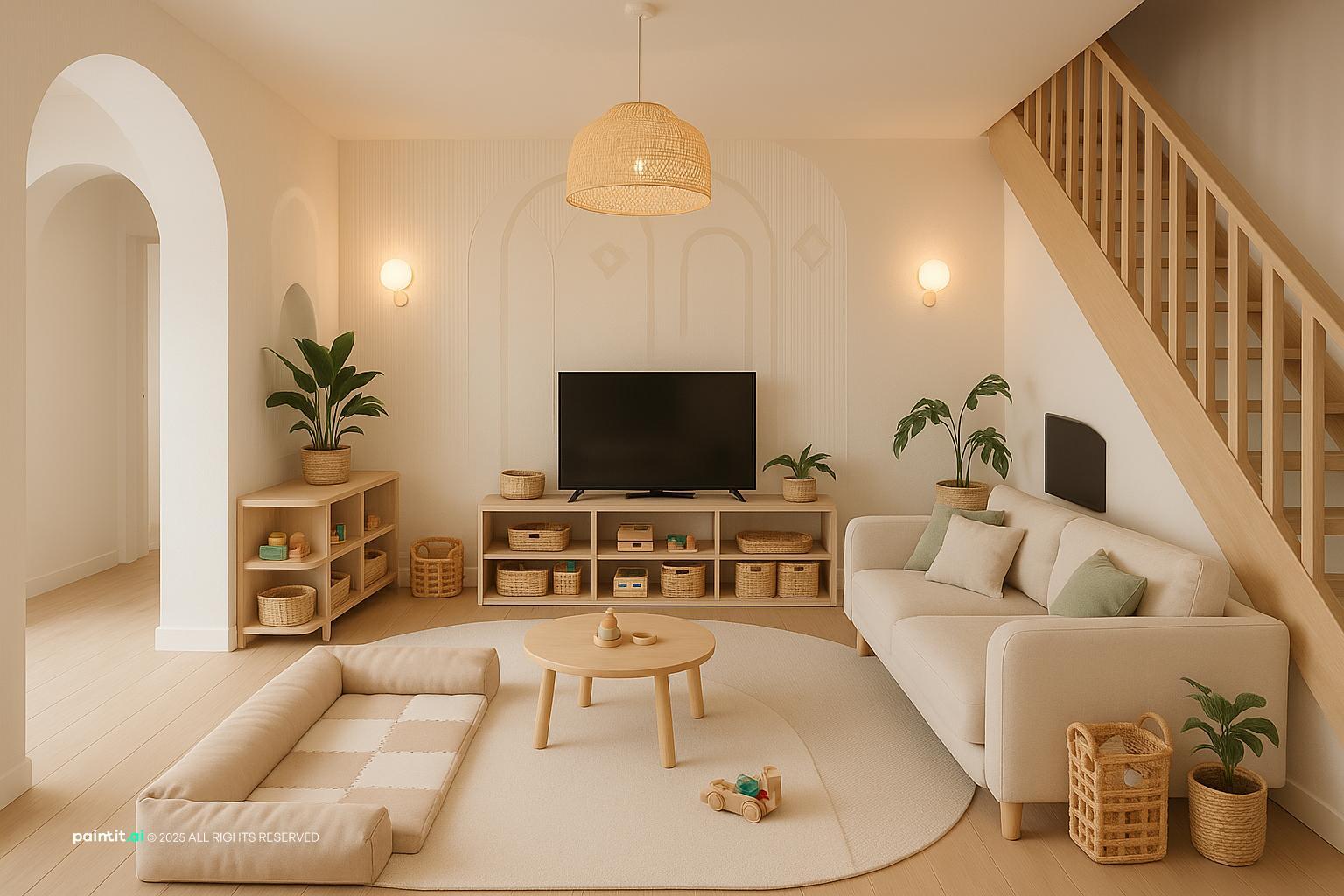 Bright modern Greek-style family room with arched niches, a wooden staircase, a low sofa and floor cushions