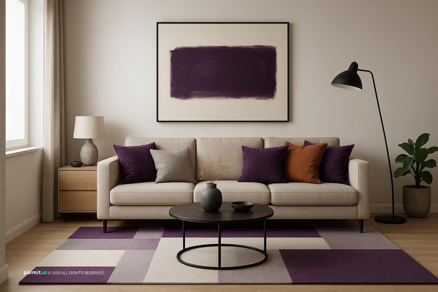 Contemporary Living Room Design with Bold Accents showing purple accents, soft textiles for Purple and Grey Living Room Ideas.