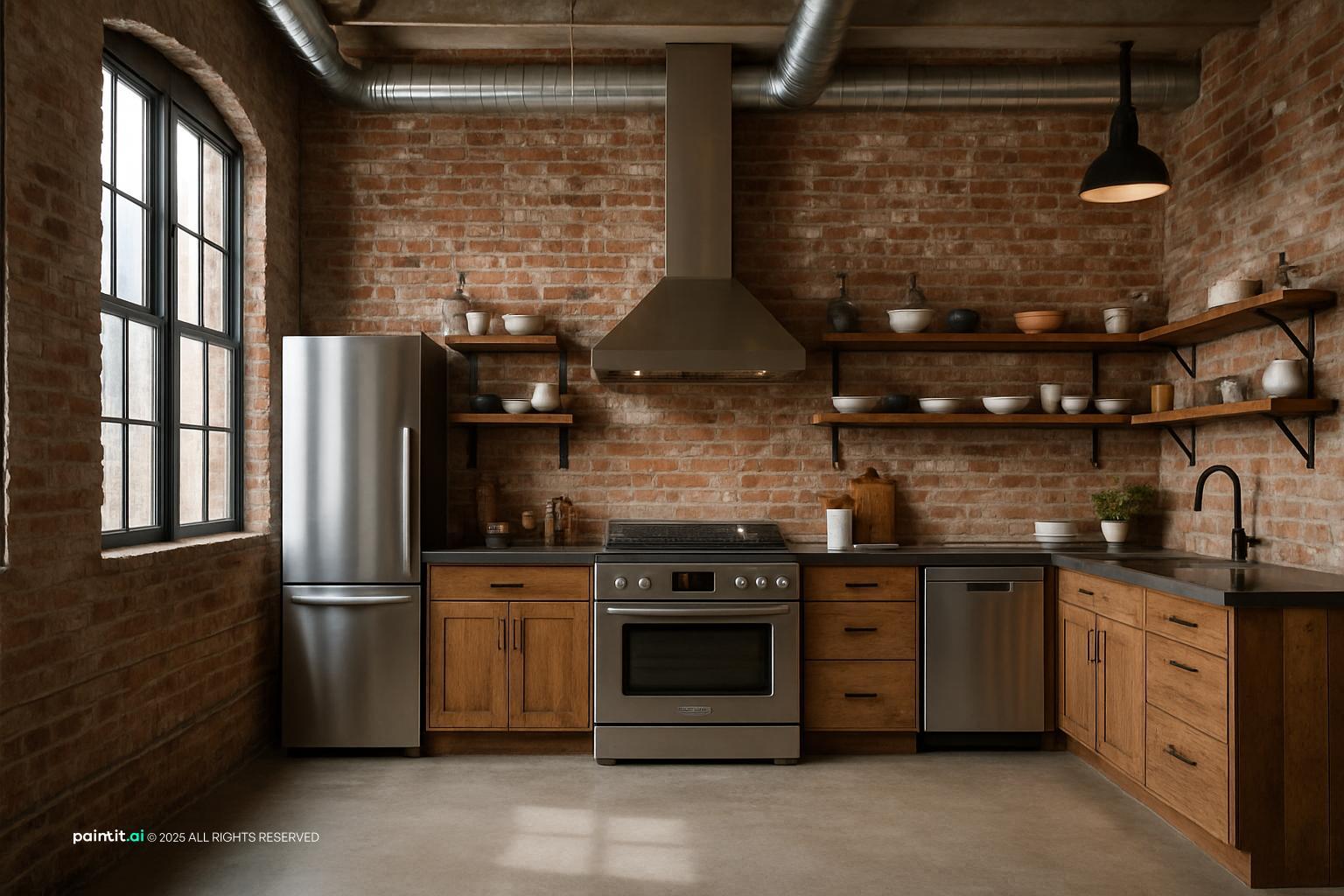 Kitchen with exposed brick walls, wooden cabinets, open shelving, a stainless range and a concrete floor