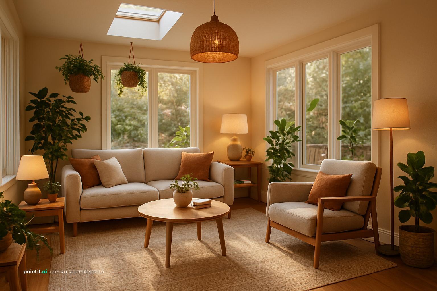 Small garden room interior with cream sofa, warm lamps, skylight and hanging plants