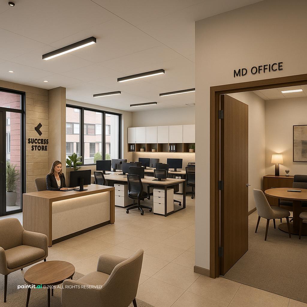School office reception with desk, seating, and staff workspace