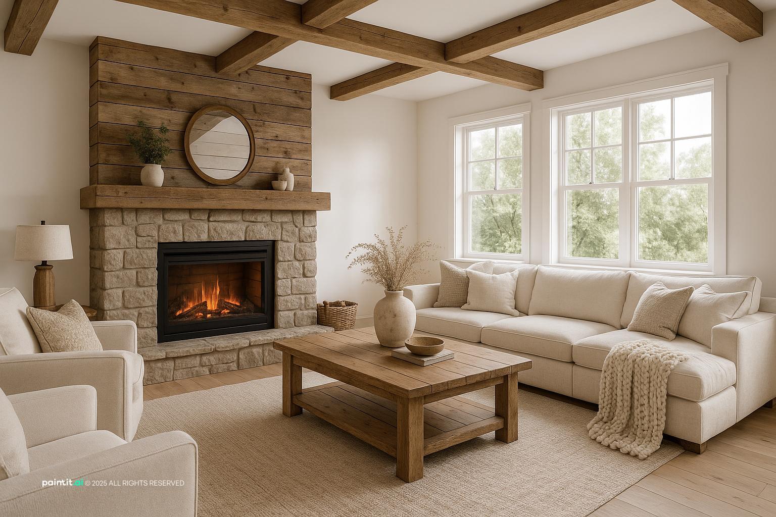 Cozy Modern Farmhouse Living Room Design showing fireplace focal point, soft textiles, layered neutrals for Small Living Room With Fireplace.
