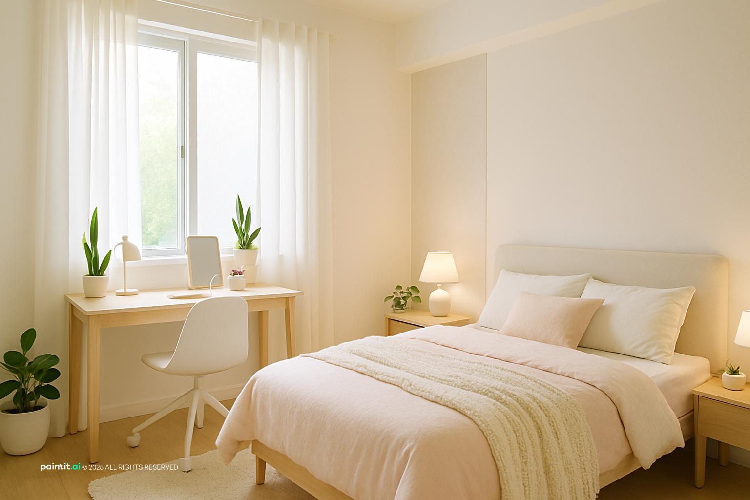 Korean-inspired bedroom with light colours, simple furniture, and plants