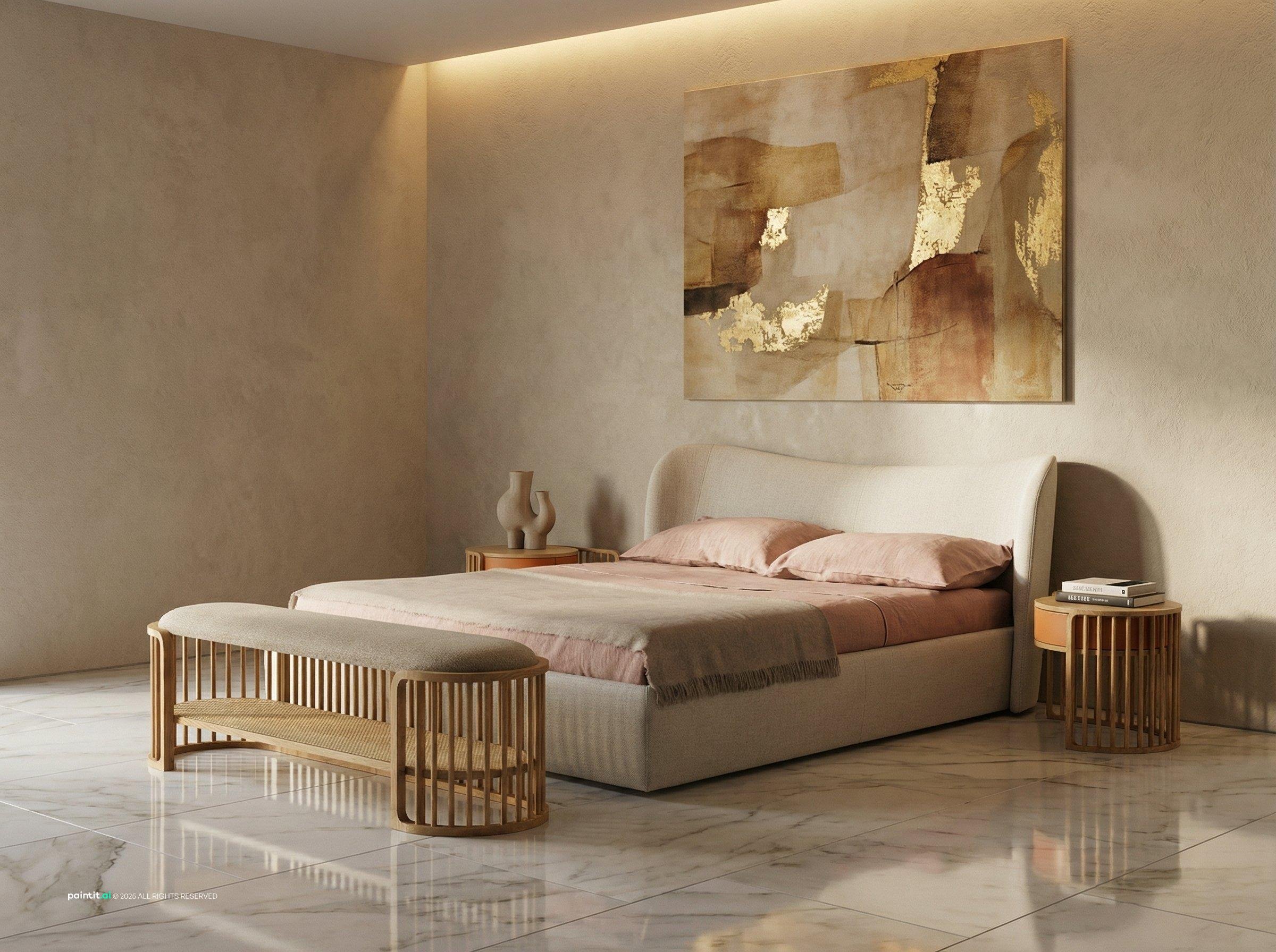 Bedroom with concealed LED cove lighting washing a plaster wall above an upholstered bed