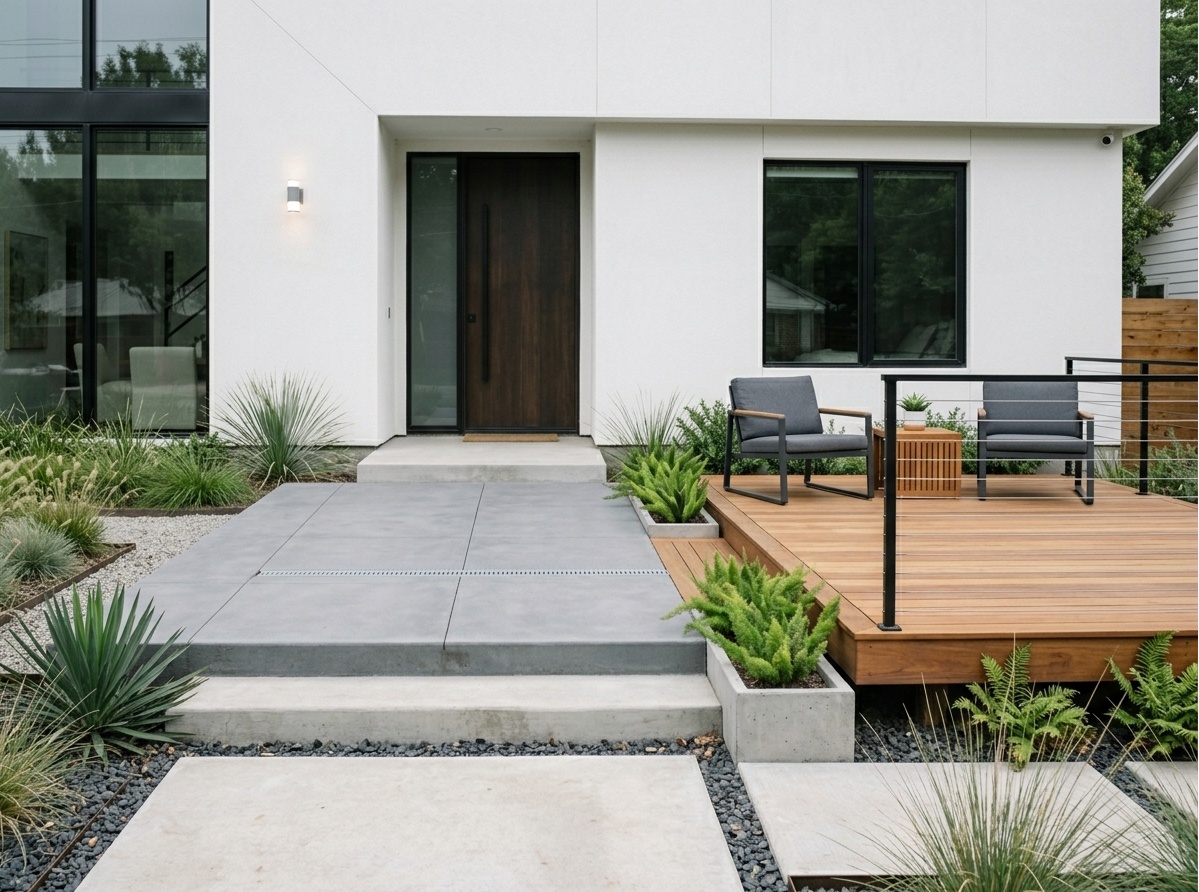 Modern front entry with large-format concrete pavers transitioning to a raised cedar deck in a mixed-material design