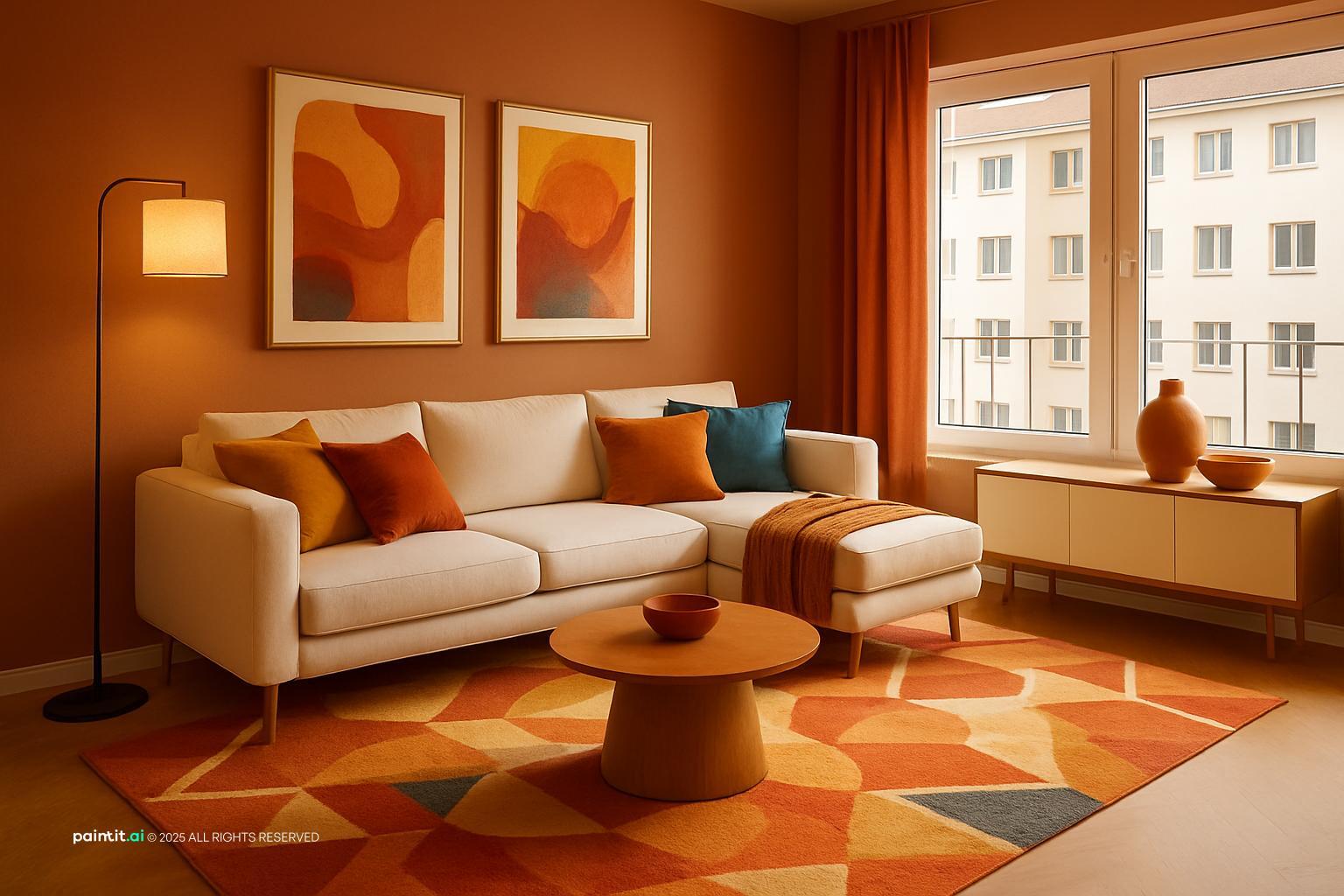 Living room with a bold orange geometric rug, a white sofa, bright art and a round coffee table
