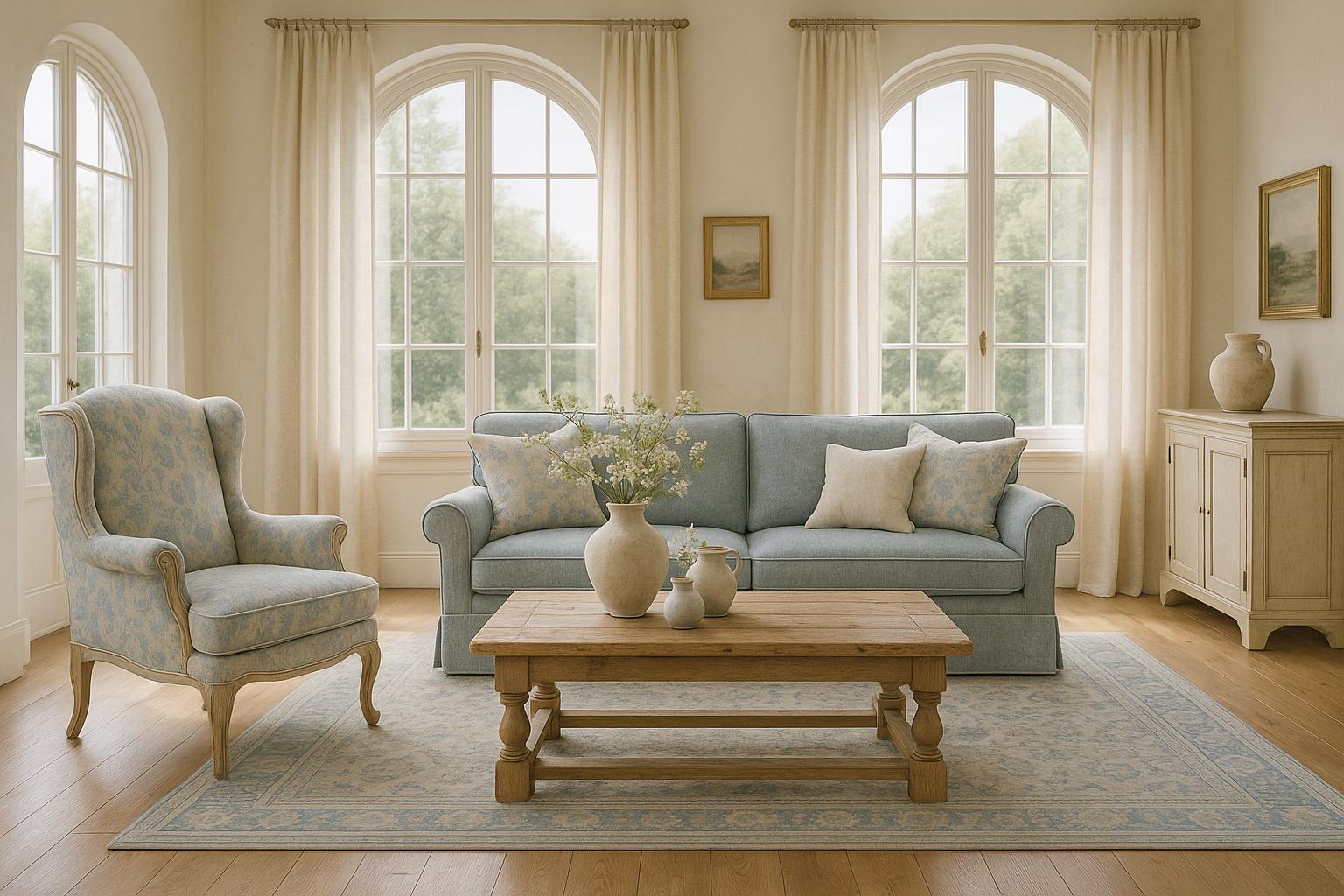 French Country Living Room Design with wood and rug and a calm living room atmosphere.