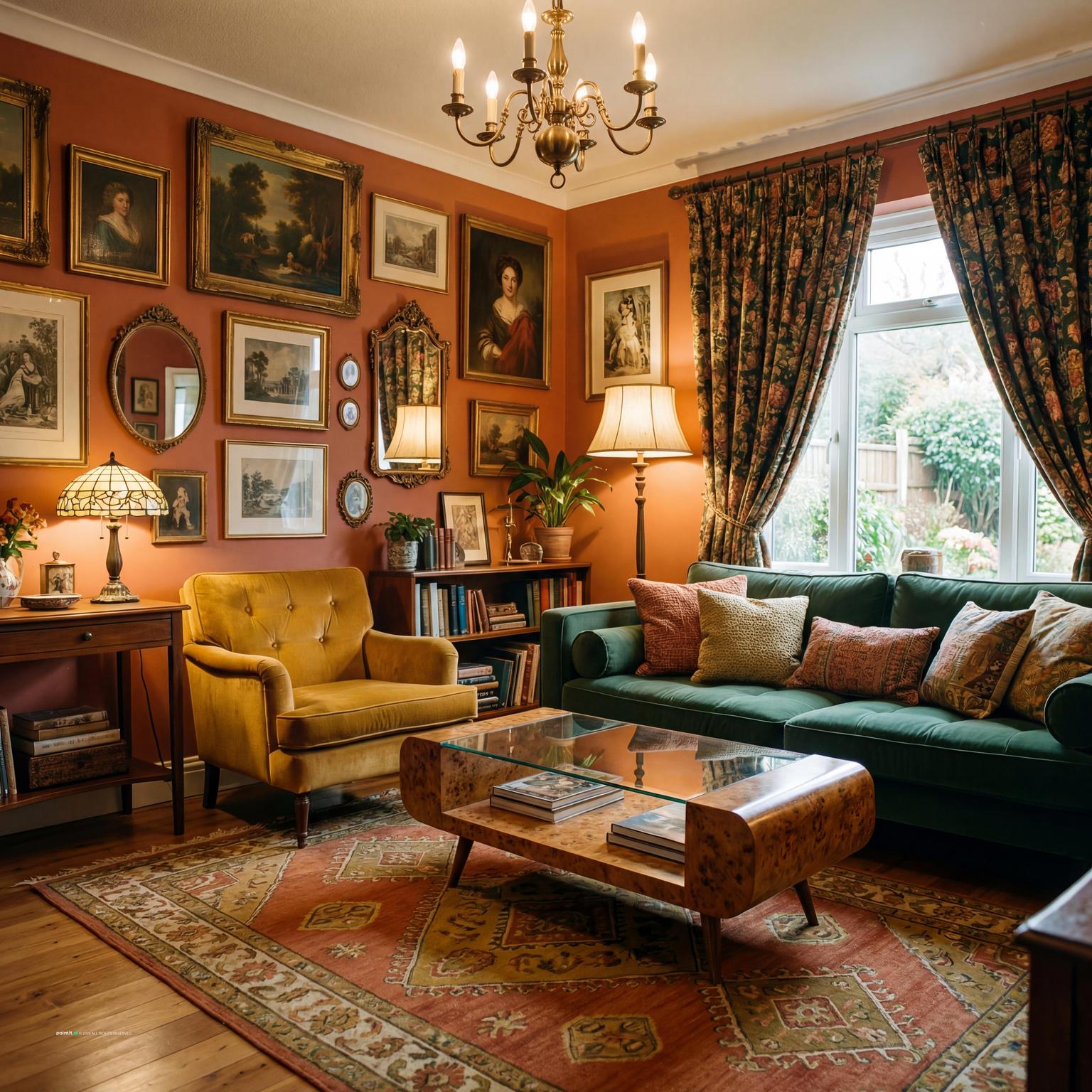 Vintage eclectic 70s inspired living room design ideas, blending retro patterns, natural textures, and a cozy bohemian vibe.
