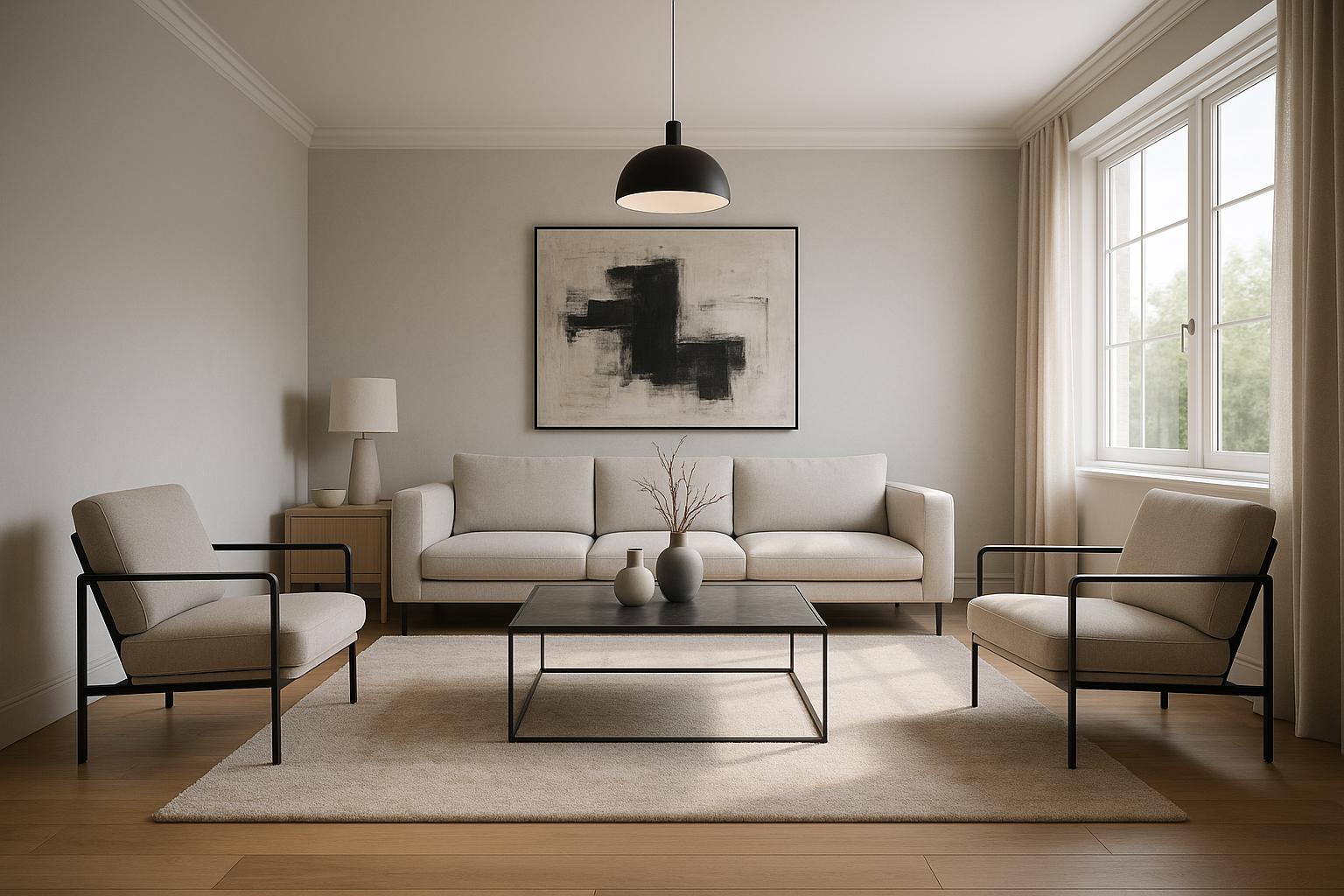 Sleek Contemporary Living Room Design showing metal accents, layered neutrals, natural light for Big Living Room Ideas.