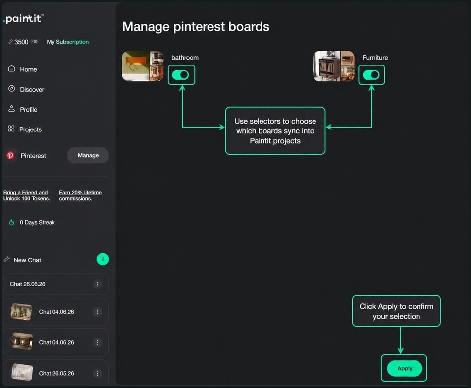 Paintit.ai Pinterest board management screen showing board selectors for syncing relevant Pinterest boards.