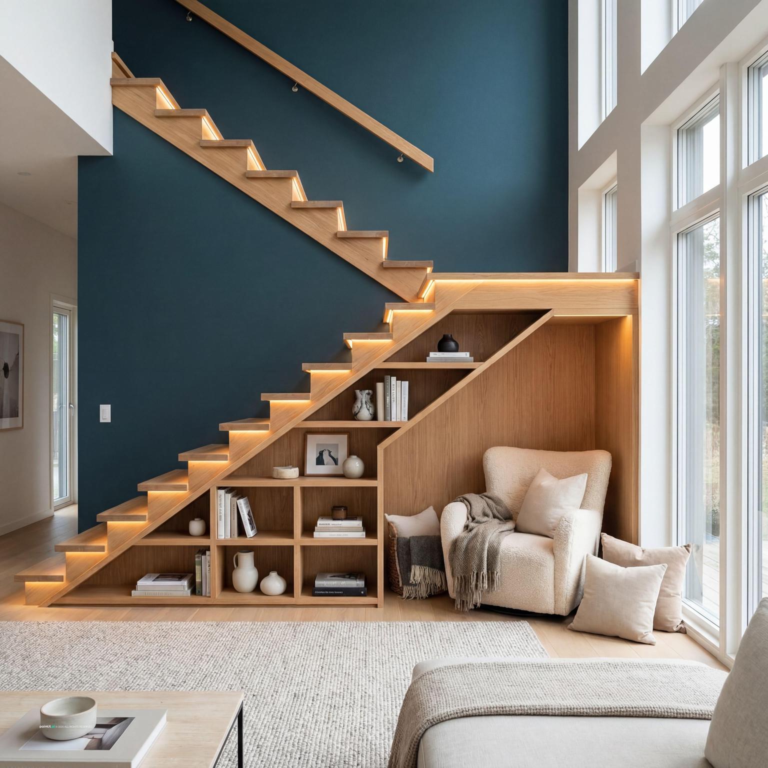 Modern double living room design featuring a cozy nook, perfect for reading or quiet relaxation within an expansive space.
