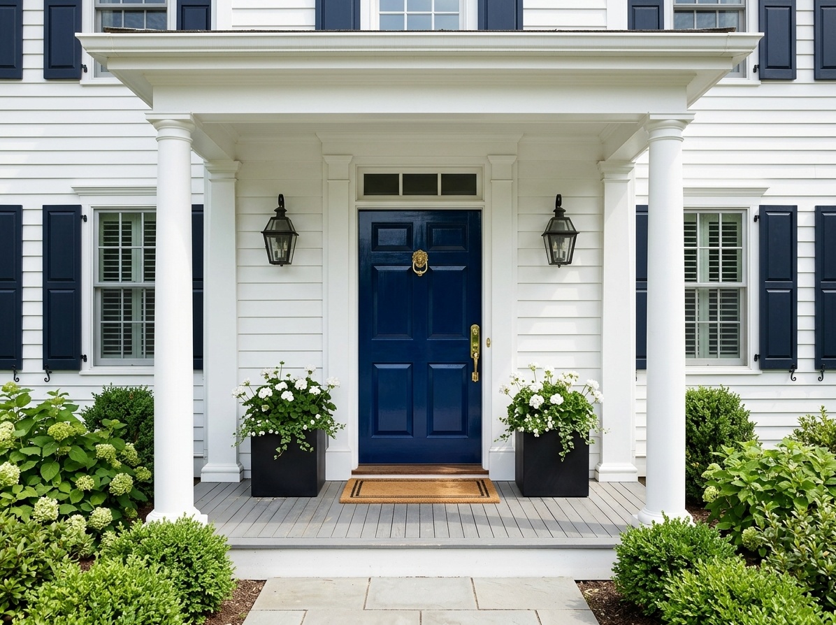 Front porch at dusk with black industrial gooseneck sconces  and a hanging lantern casting warm amber light at the entry