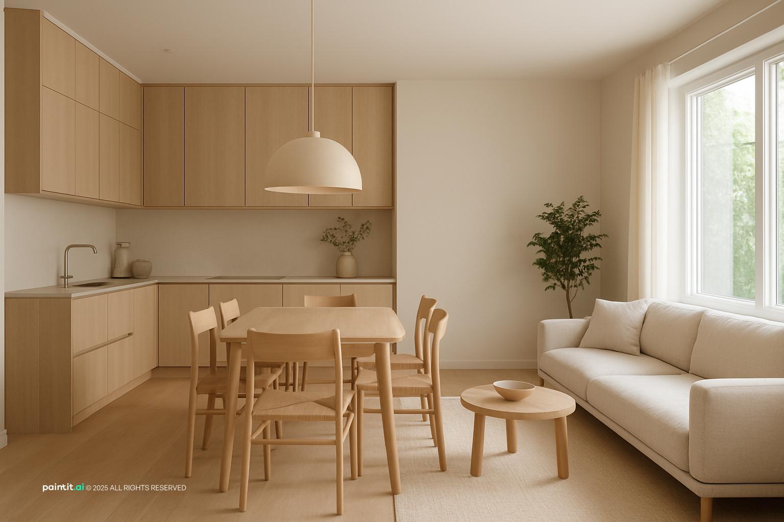 Calm Minimalist Living Room with Light Wood for Muji Style Interior Design