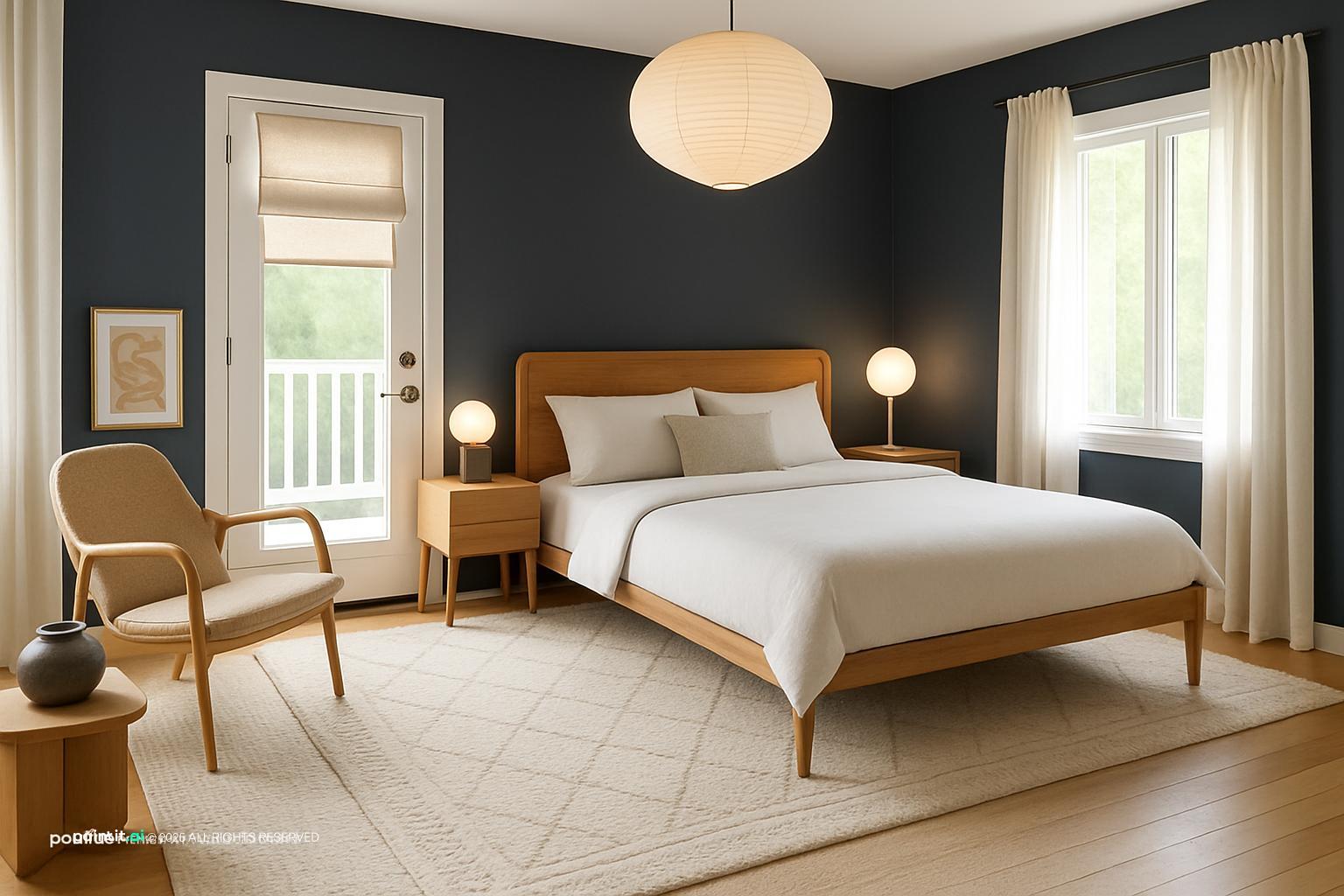 Bedroom with a deep navy wall, an oak bed, a paper pendant lamp and a wooden armchair
