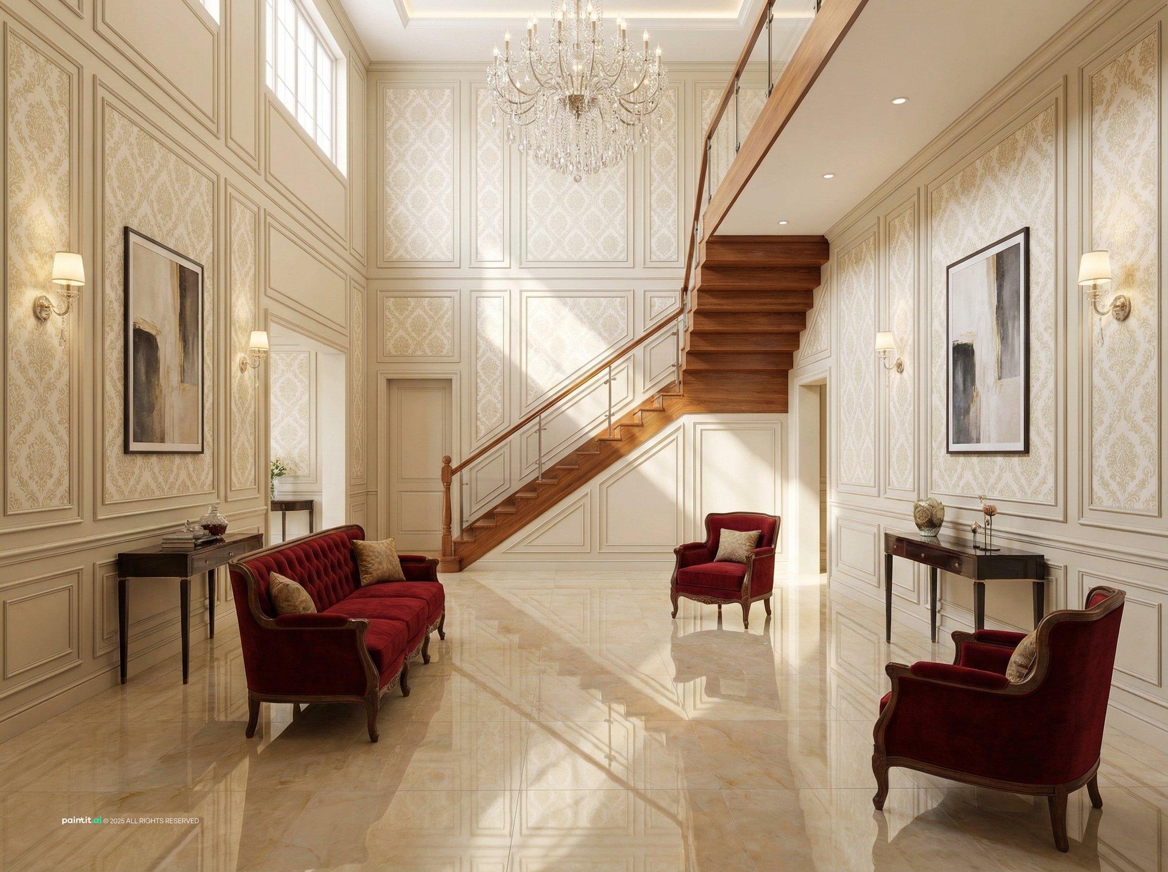 Double-height lobby with French wall moulding, a curved wooden staircase, a crystal chandelier and red velvet armchairs