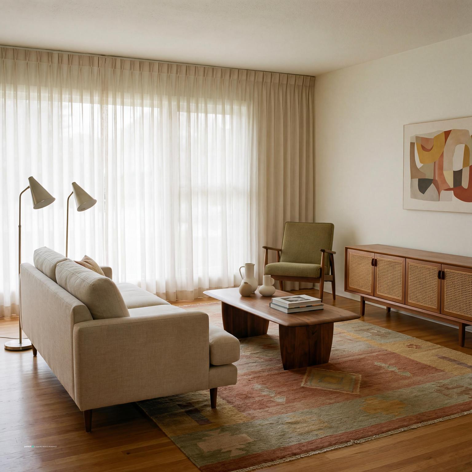 Timeless mid-century modern loft living room design, featuring iconic furniture and a warm aesthetic for sophisticated urban spaces.