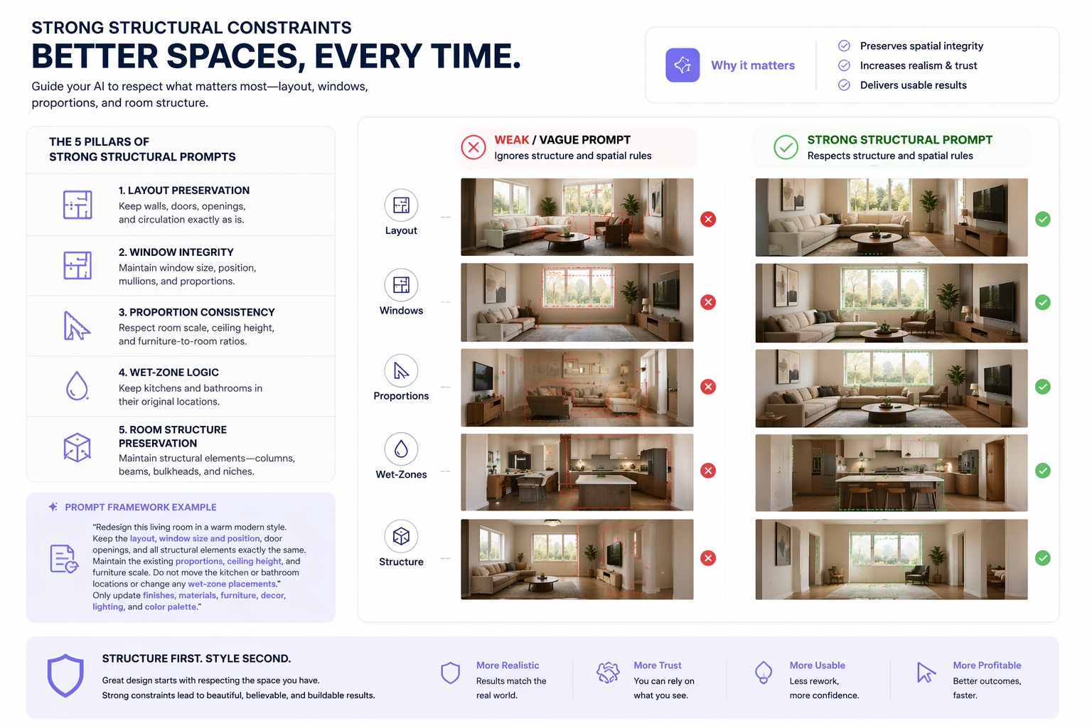 Educational visual showing strong constraint phrases that preserve room layout and architectural structure in Paintit.ai