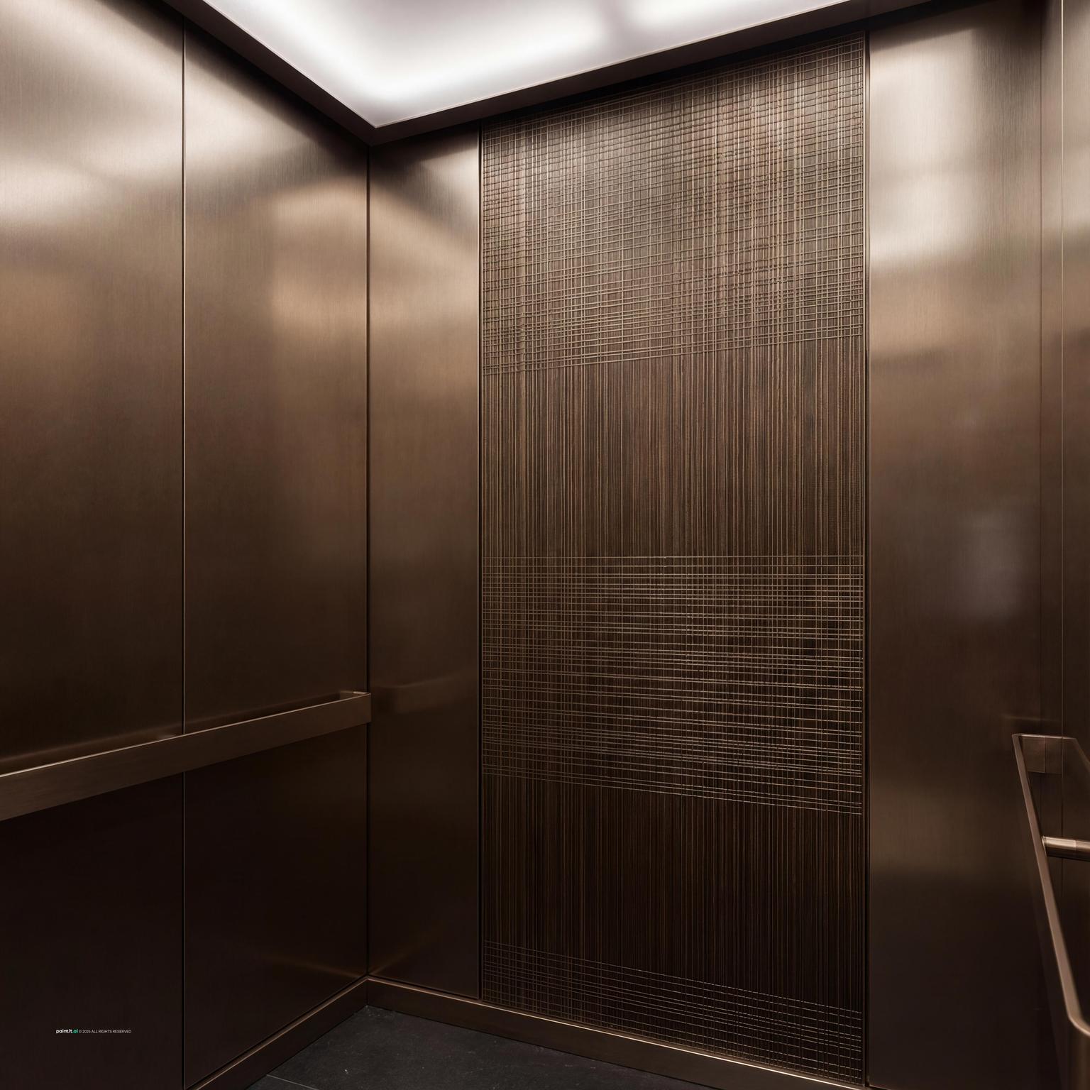 Elevator cab with dark bronze hairline stainless panels and a decorative center panel