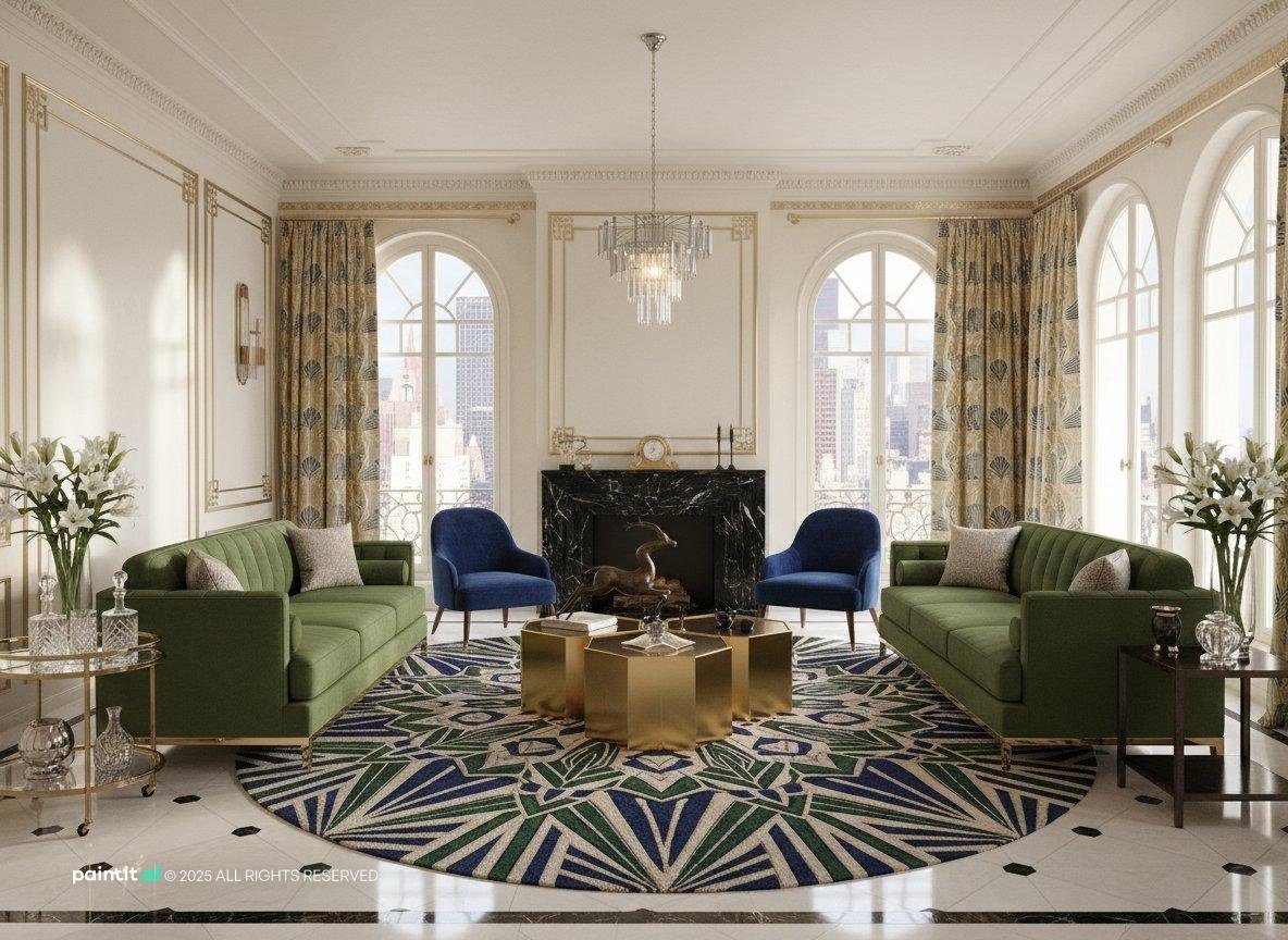 Bright Art Deco living room with arched windows, green armchairs, a geometric rug and a round table
