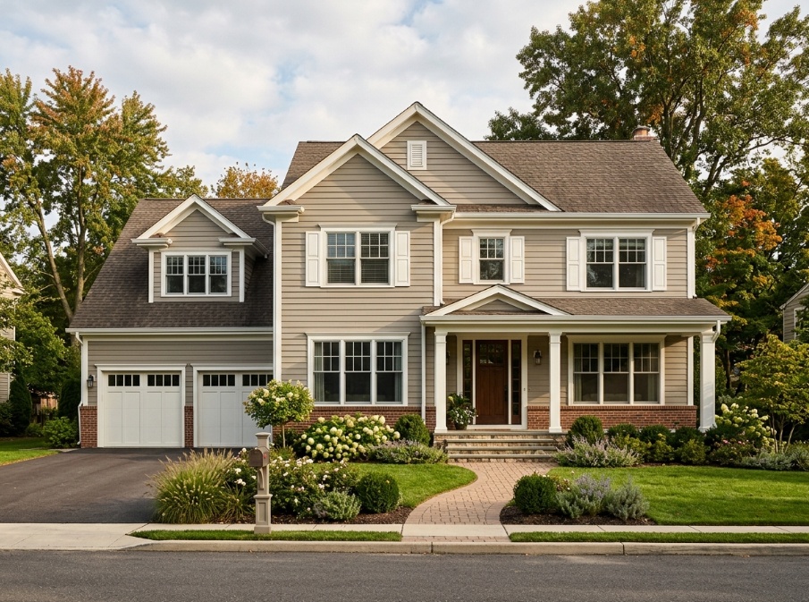 Traditional home in warm beige-gray exterior paint with brown roof shingles