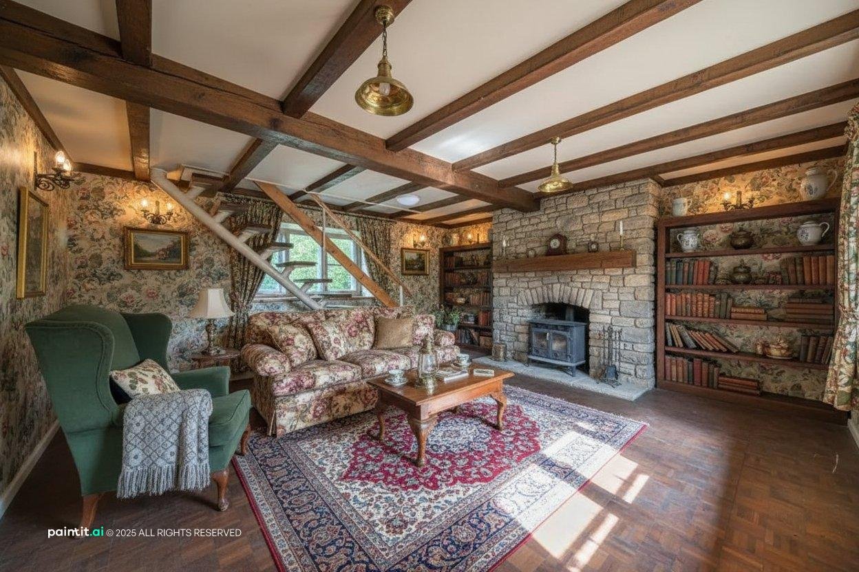 English country house living room with ceiling beams, a stone fireplace, chintz armchairs, bookshelves and a Persian rug
